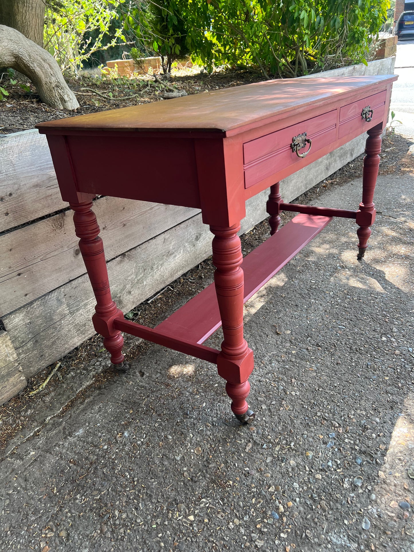 Antique Red Painted Console Table Two Drawers On Castors