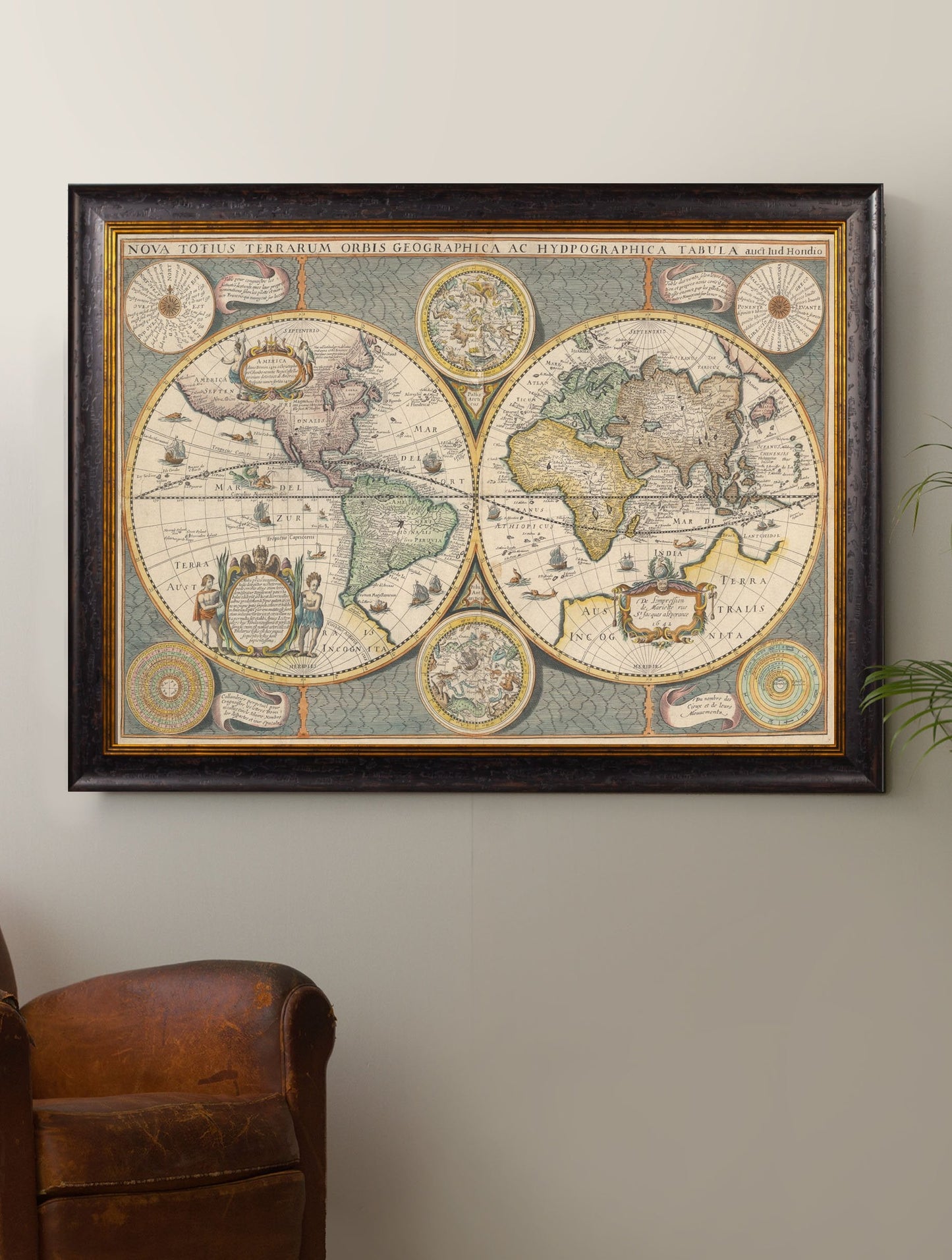 c 1815 world map giclee print in size 95 x 130cm - glass-fronted framed wall art print with solid wood frame, perfect for statement wall decor