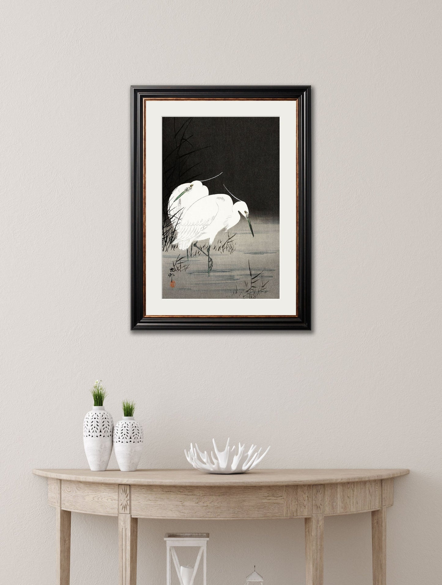 c 1910 two egrets in reeds ohara koson in size 50 x 70cm - glass-fronted framed wall art print with solid wood frame, designed for high-end interior design