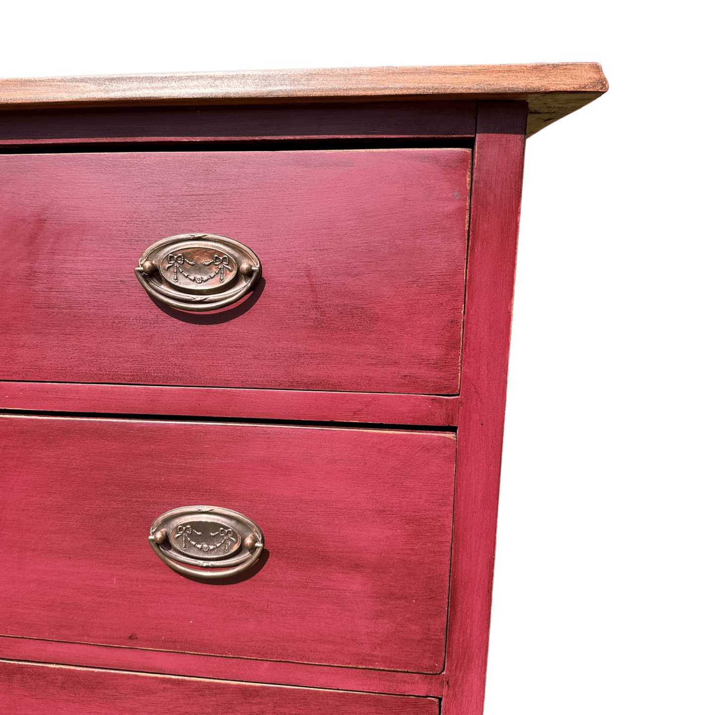3 Drawer Antique Chest of Drawers Painted in Burgundy Red, With Brass HandlesThe Furniture Recycling Shop