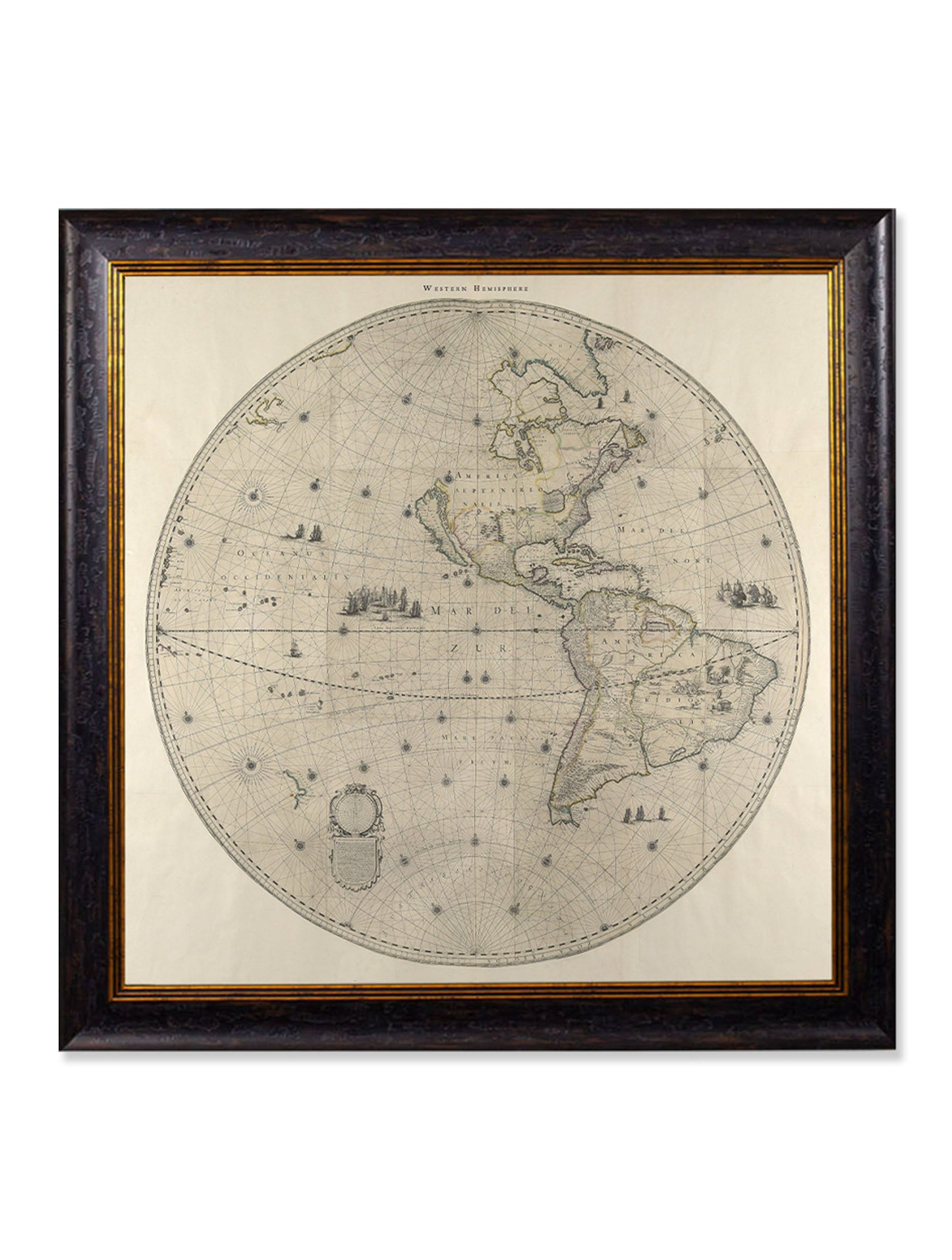 c 1660 map of the world in two hemispheres - premium glass-fronted framed art print with solid wood frame, a beautiful addition to stylish homes