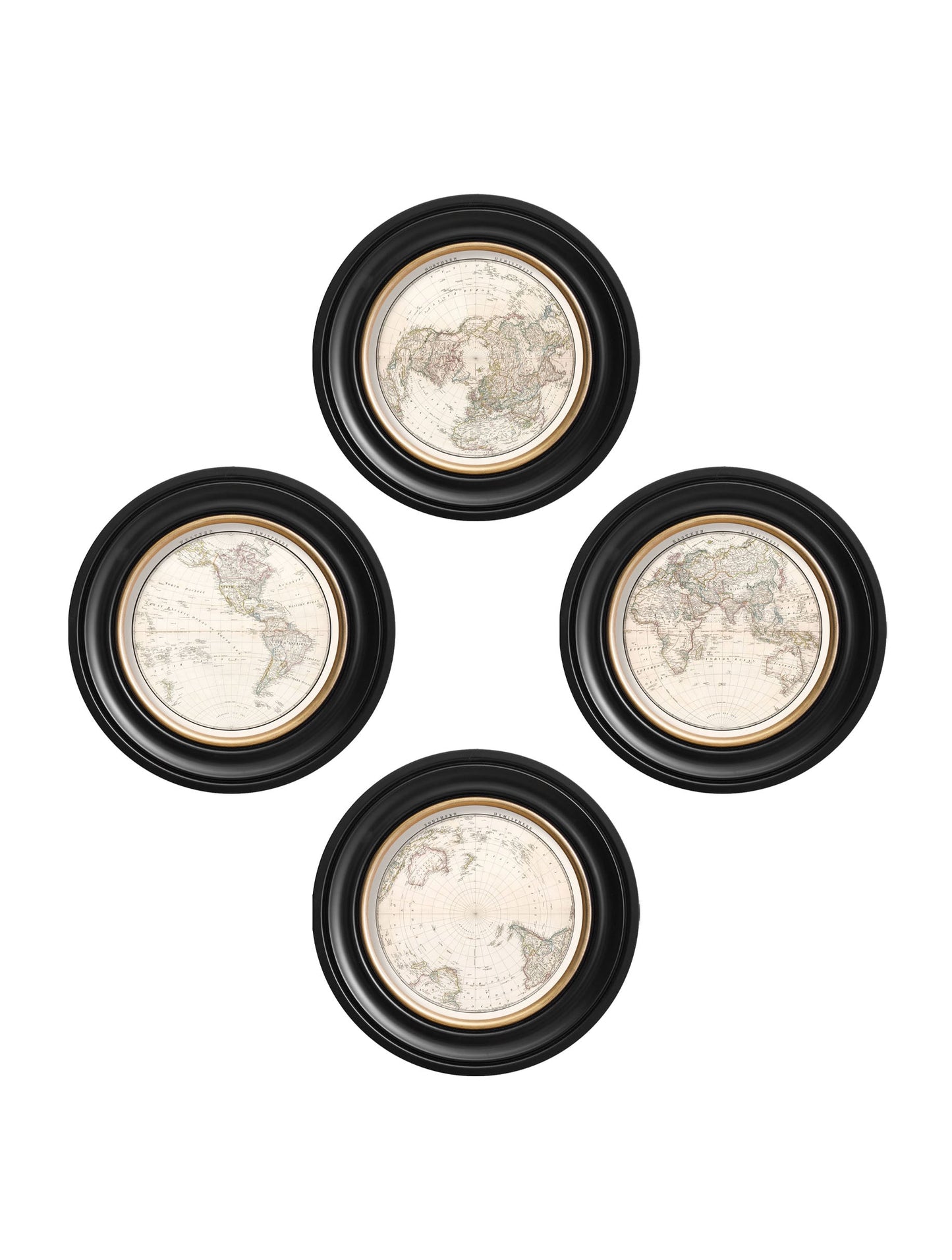 c 1809 world map hemispheres in round frames in size 70 x 70cm - glass-fronted framed wall art print with solid wood frame, perfect for luxury home decor