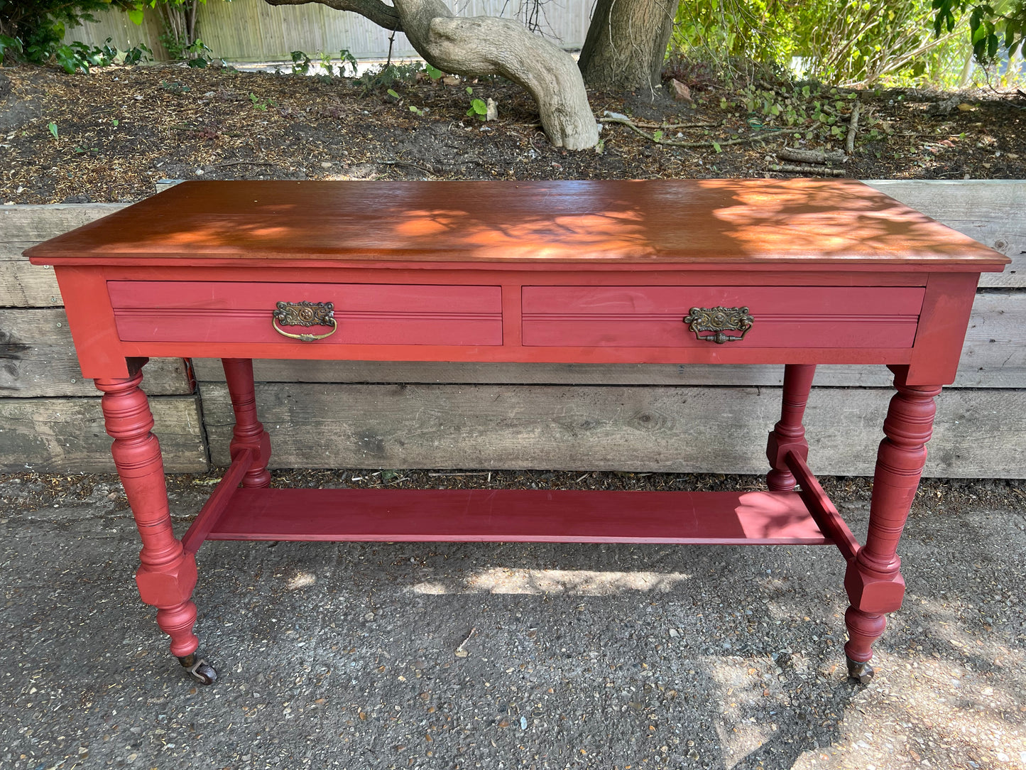 Antique Red Painted Console Table Two Drawers On Castors