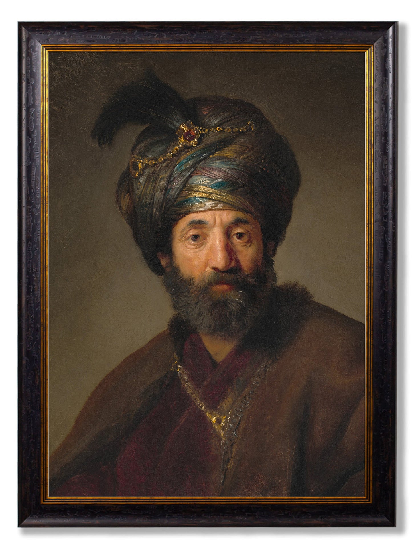 c 17th century rembrandts oriental gentlemen in size 70 x 95cm - glass-fronted framed wall art print with solid wood frame, designed for high-end interior design