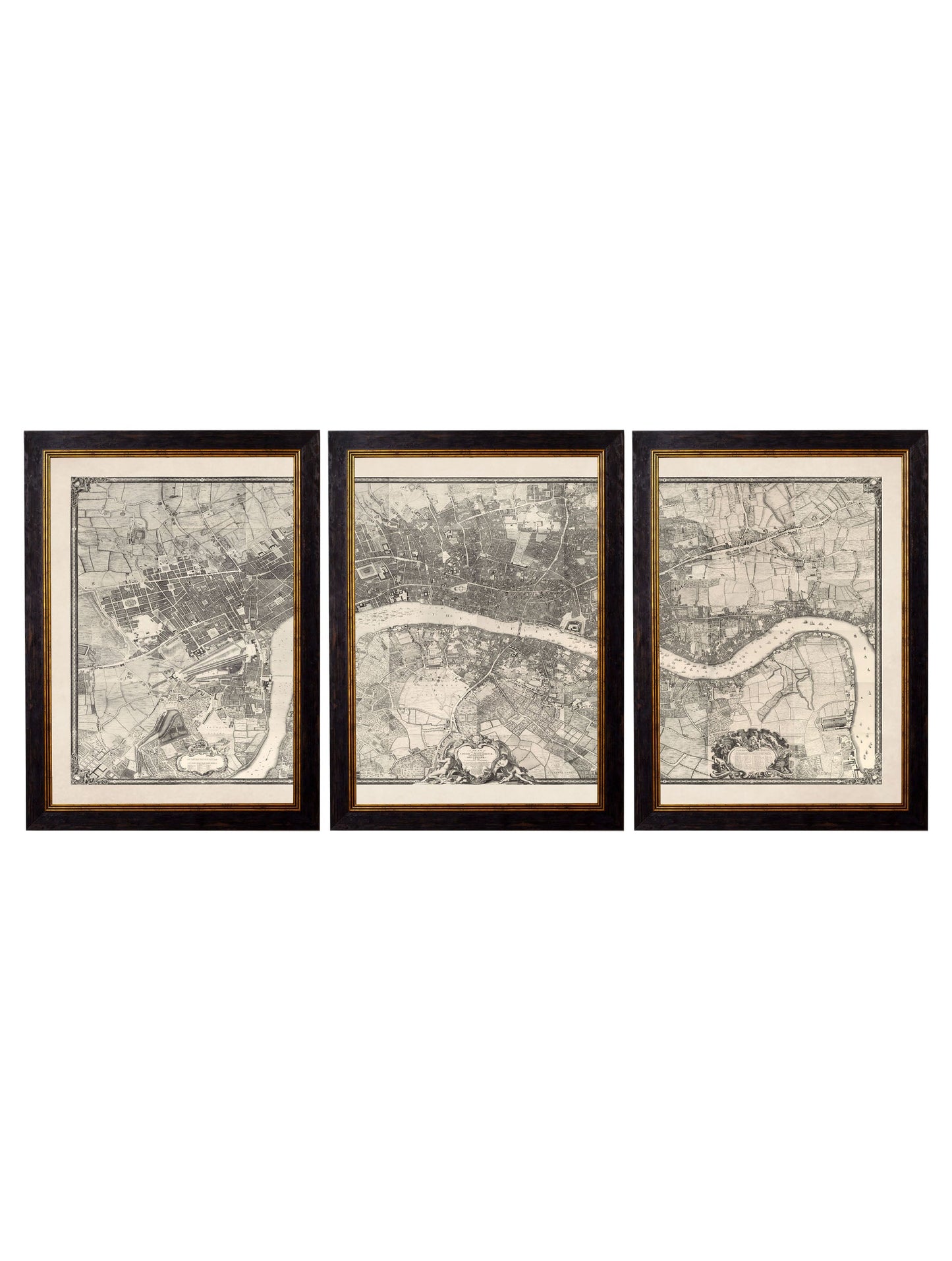 c 1746 london triptych map - premium glass-fronted framed art print with solid wood frame, ideal for contemporary home styling