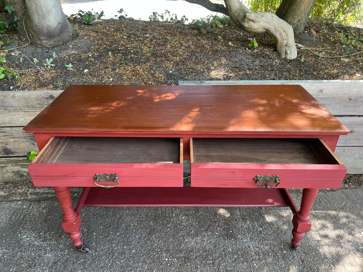 Antique Red Painted Console Table Two Drawers On Castors