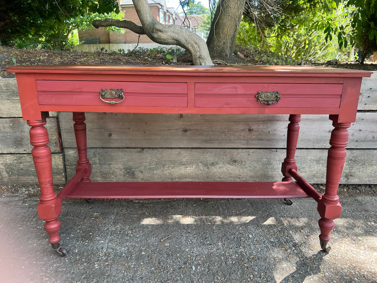 Antique Red Painted Console Table Two Drawers On Castors