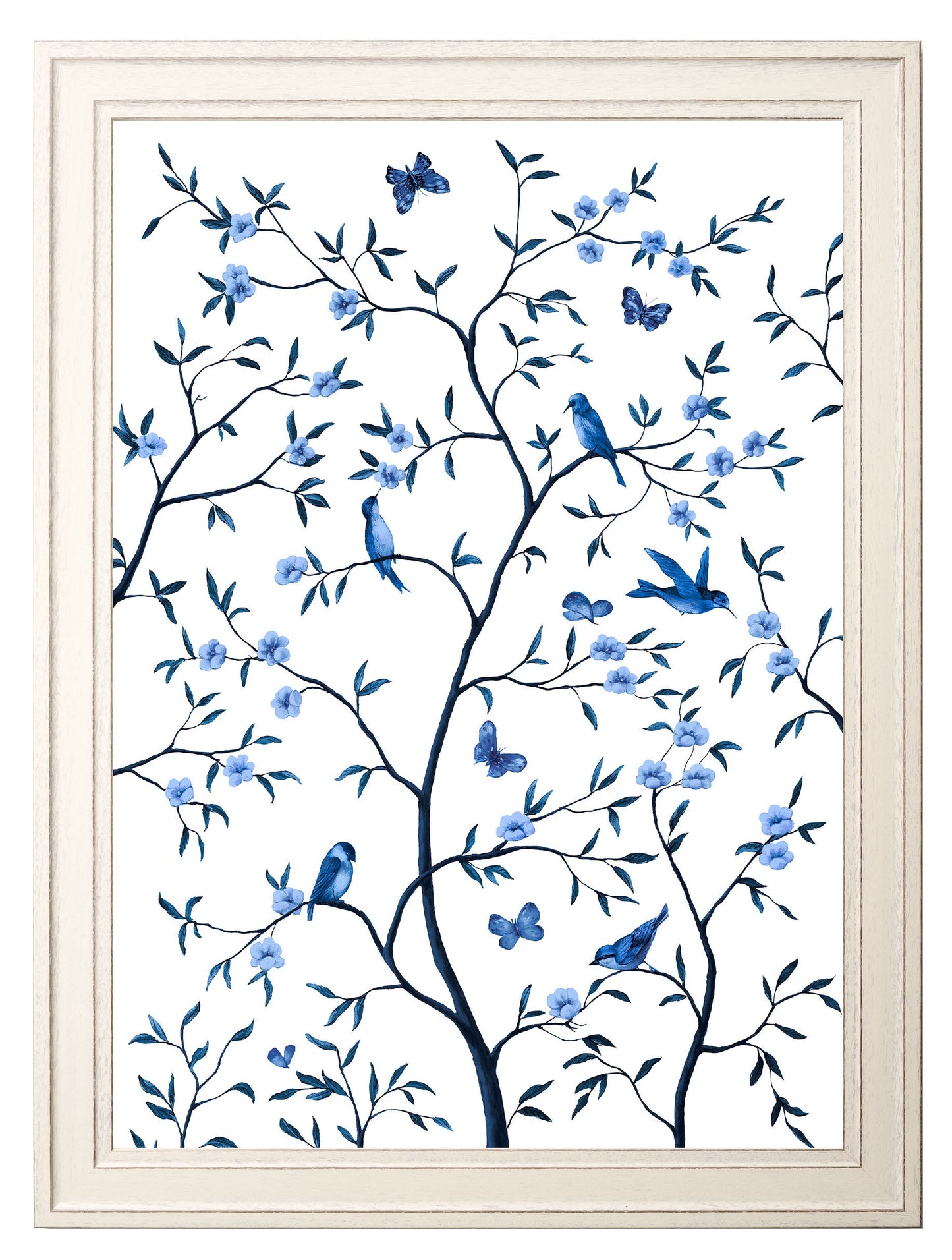 tree of life blue white set of 2 in size 95 x 130cm - glass-fronted framed wall art print with solid wood frame, ideal for modern interiors