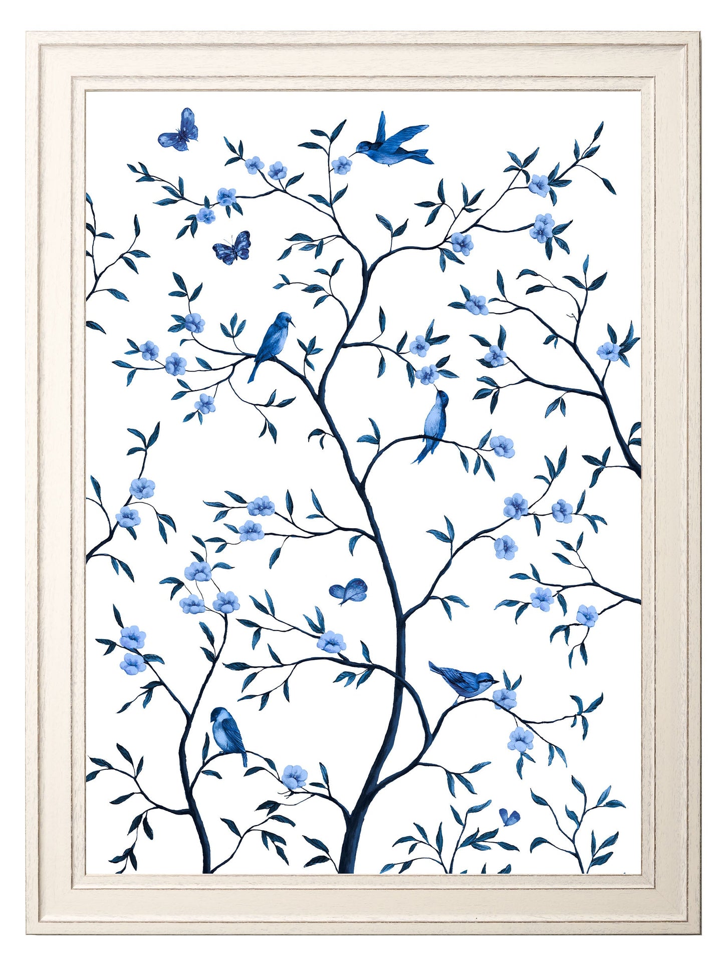 tree of life blue white set of 2 - premium glass-fronted framed art print with solid wood frame, ideal for modern interiors