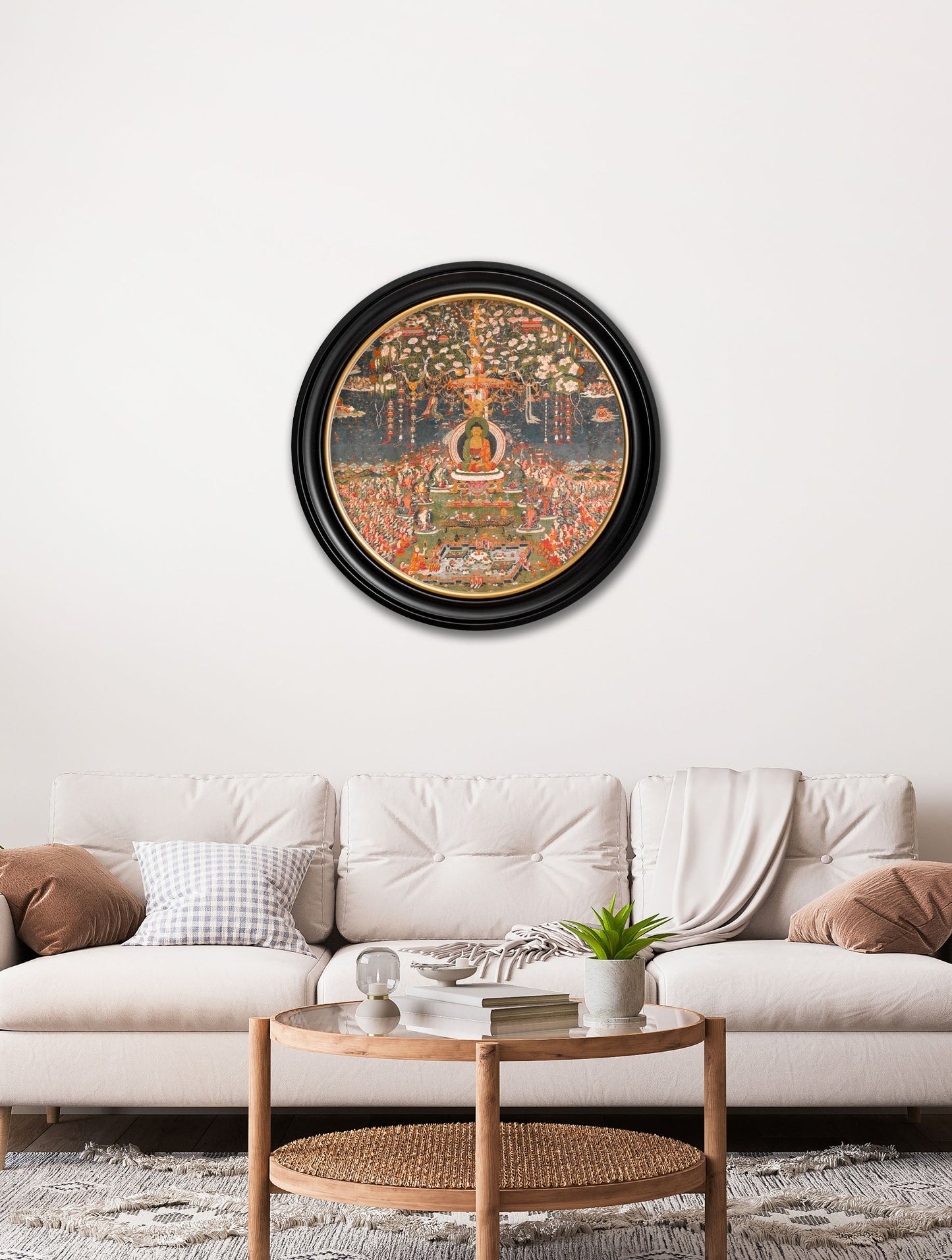 c 1700 buddha of the western pure land round in size 70 x 70cm - glass-fronted framed wall art print with solid wood frame, luxury wall art for sophisticated spaces