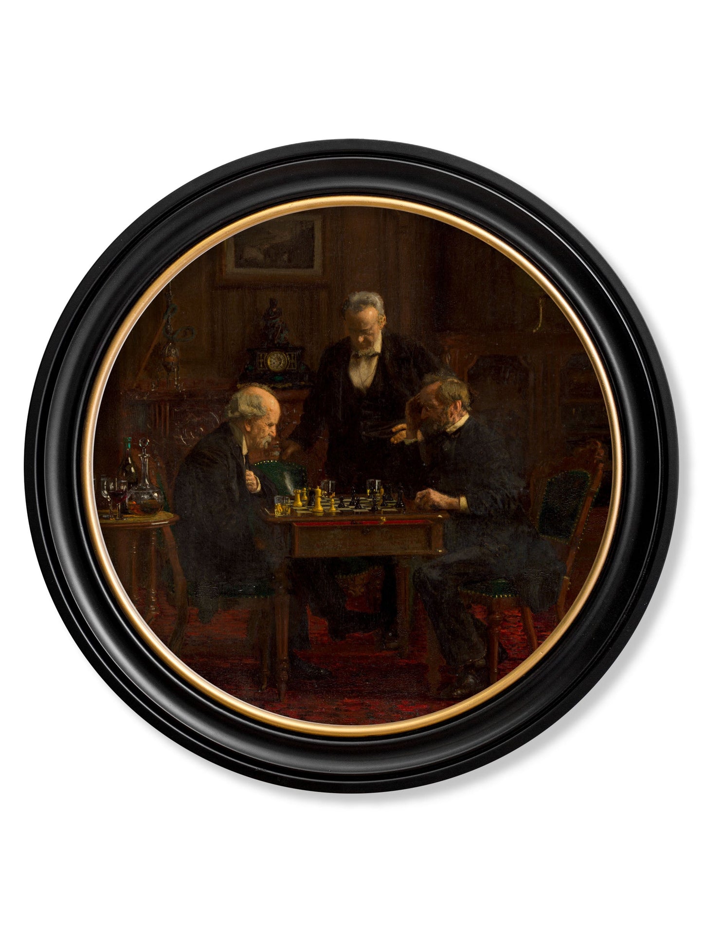 c.1876 The Chess Players - Thomas Eakins - Round Frame in size 44 x 44 cm - glass-fronted framed wall art print with solid wood frame, perfect for luxury home decor
