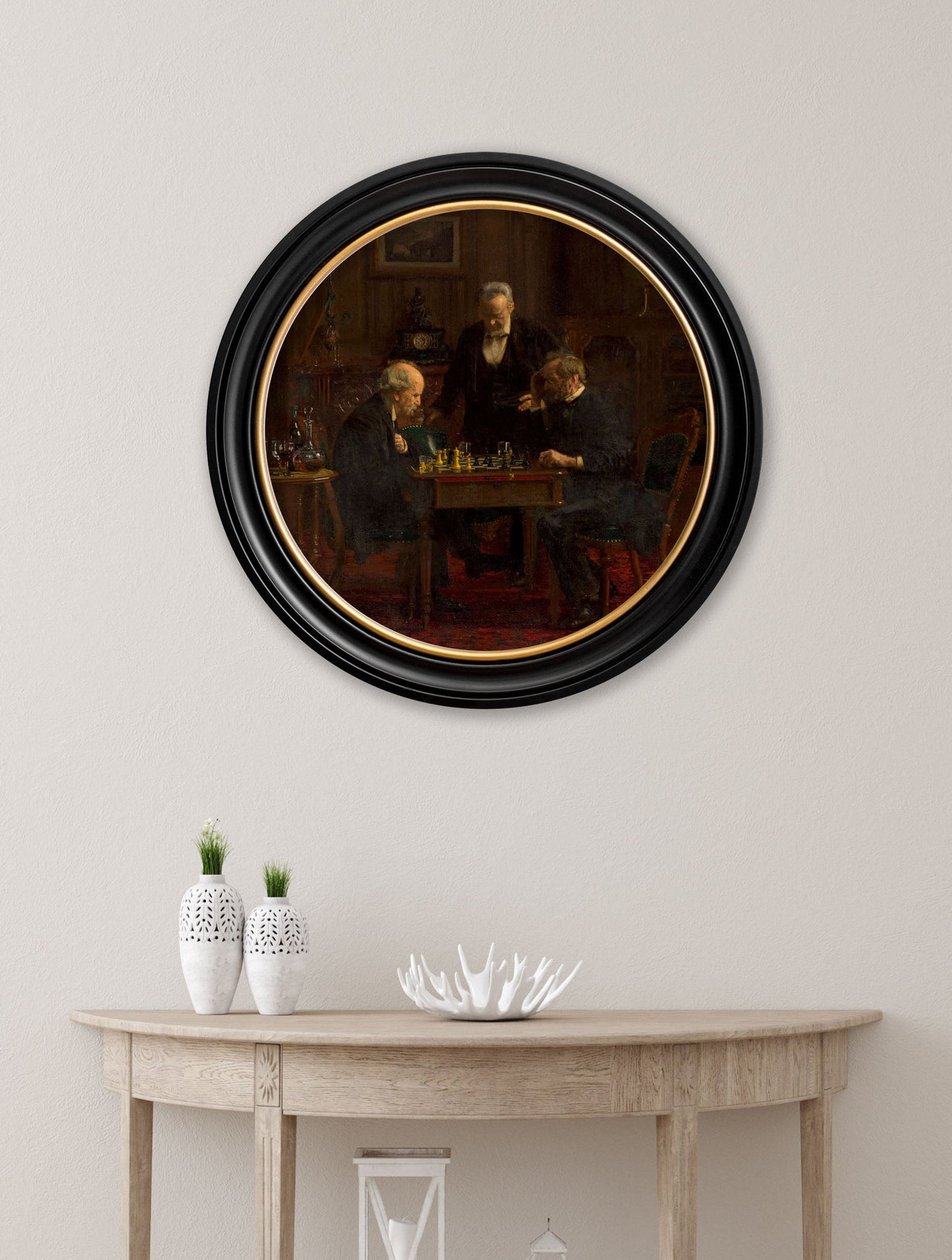 c 1876 the chess players thomas eakins round frame in size 70 x 70cm - glass-fronted framed wall art print with solid wood frame, adds elegance to your decor