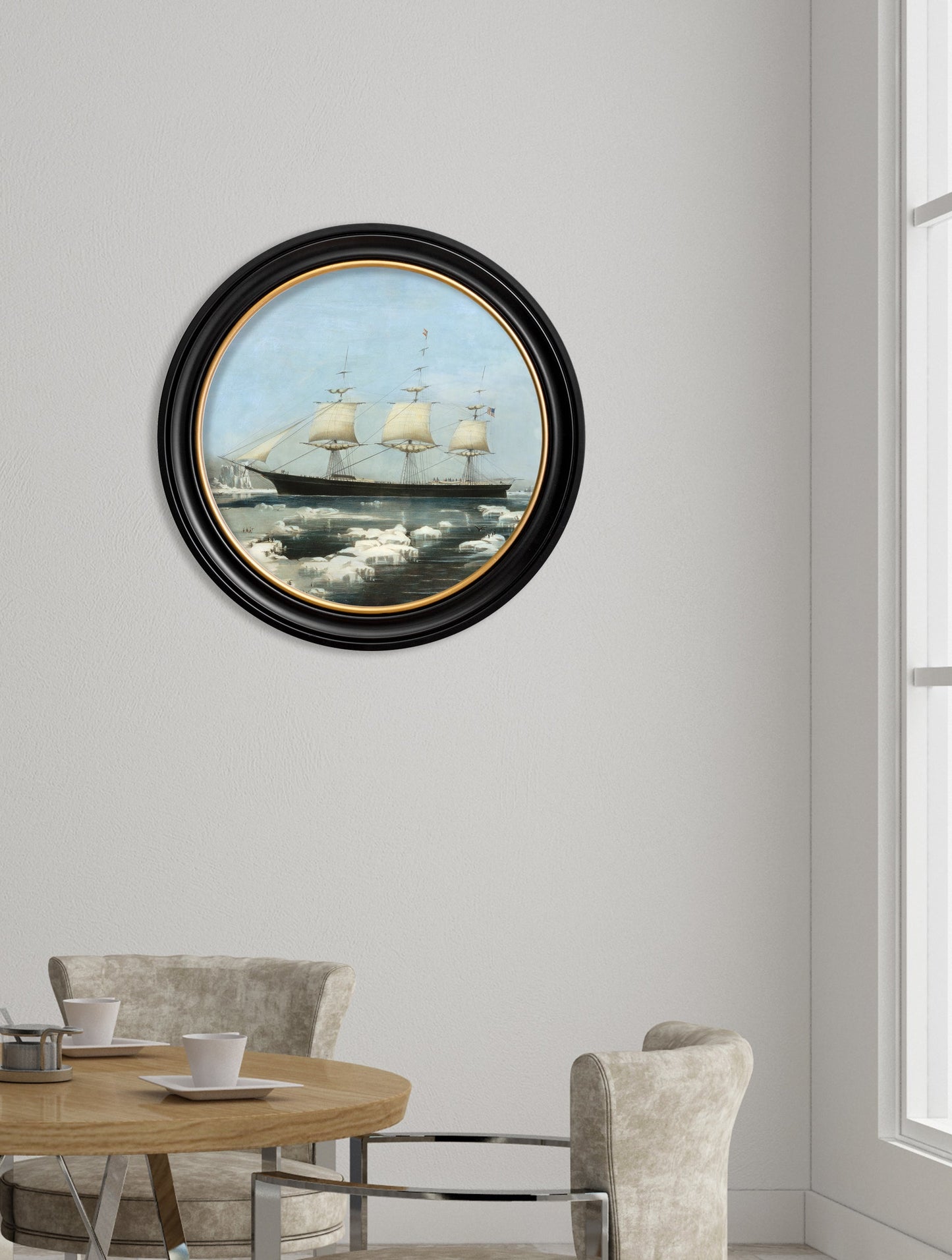 c 1854 red jacket clipper round frame in size 70 x 70cm - glass-fronted framed wall art print with solid wood frame, perfect for luxury home decor