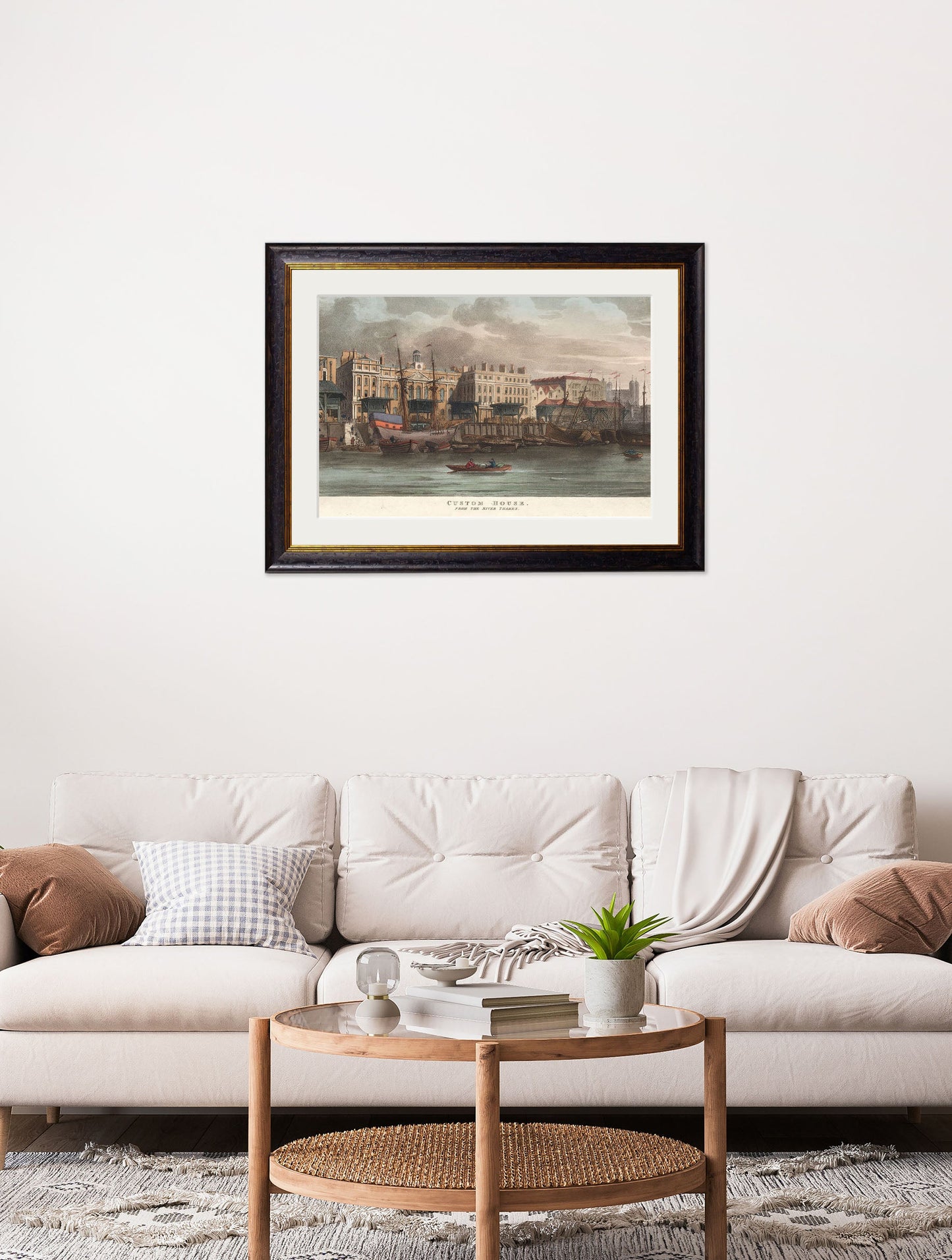 c 1808 custom house from the river thames in size 70 x 95cm - glass-fronted framed wall art print with solid wood frame, ideal for modern interiors