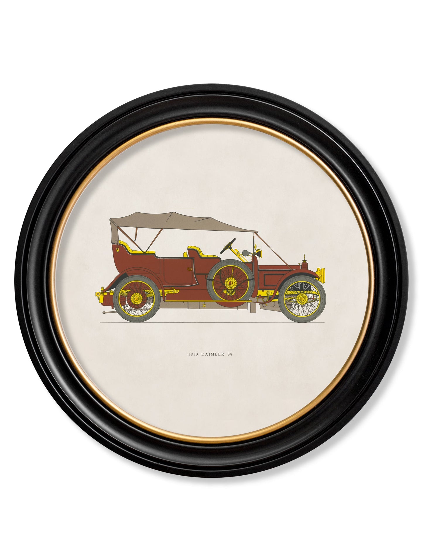 1910 DAIMLER 38 in Round Frame in size 44 x 44cm - glass-fronted framed wall art print with solid wood frame, a beautiful addition to stylish homes