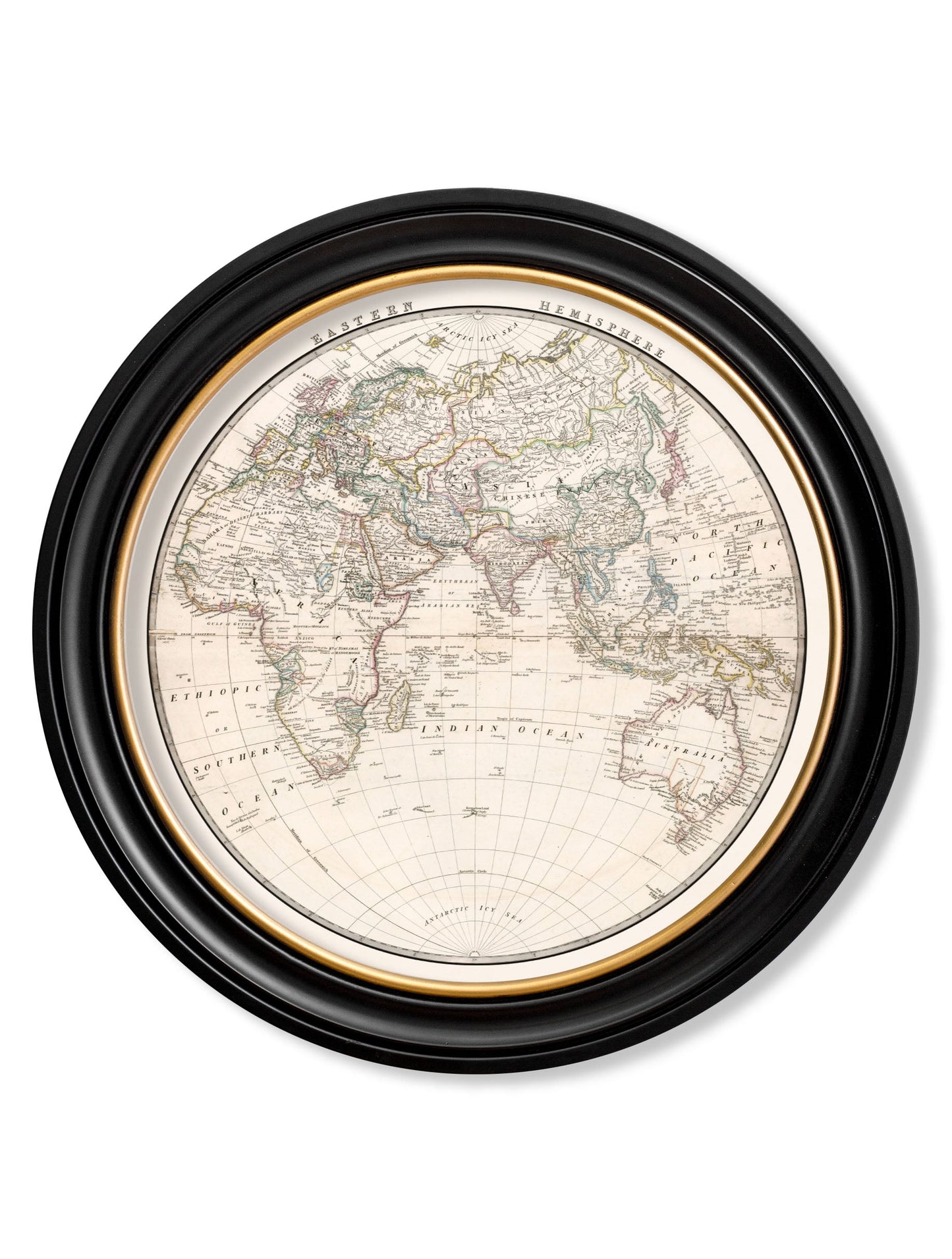 c 1809 world map hemispheres in round frames in size 70 x 70cm - glass-fronted framed wall art print with solid wood frame, ideal for modern interiors