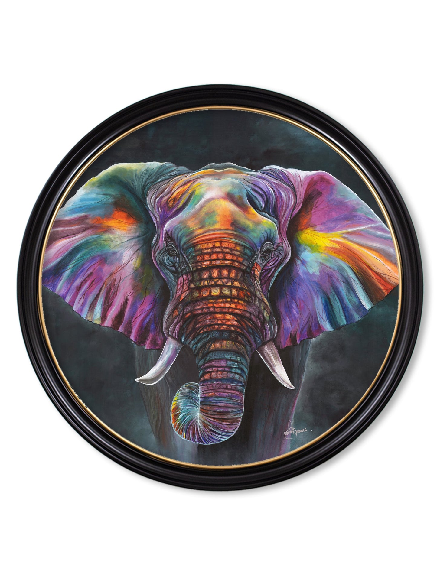 elephant print wisdom by amy ansell oxford round frame - premium glass-fronted framed art print with solid wood frame, luxury wall art for sophisticated spaces