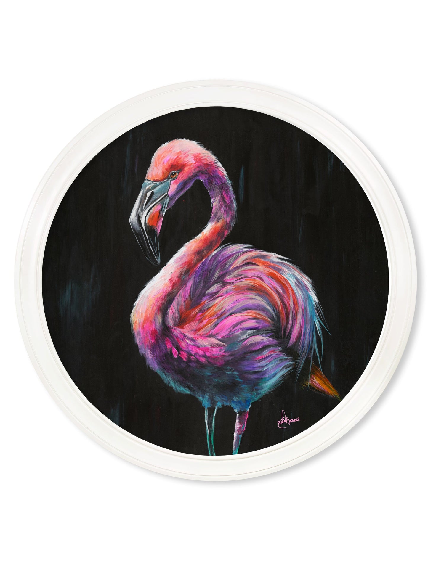flamingo print florrie by amy ansell strong white round frame - premium glass-fronted framed art print with solid wood frame, ideal for contemporary home styling