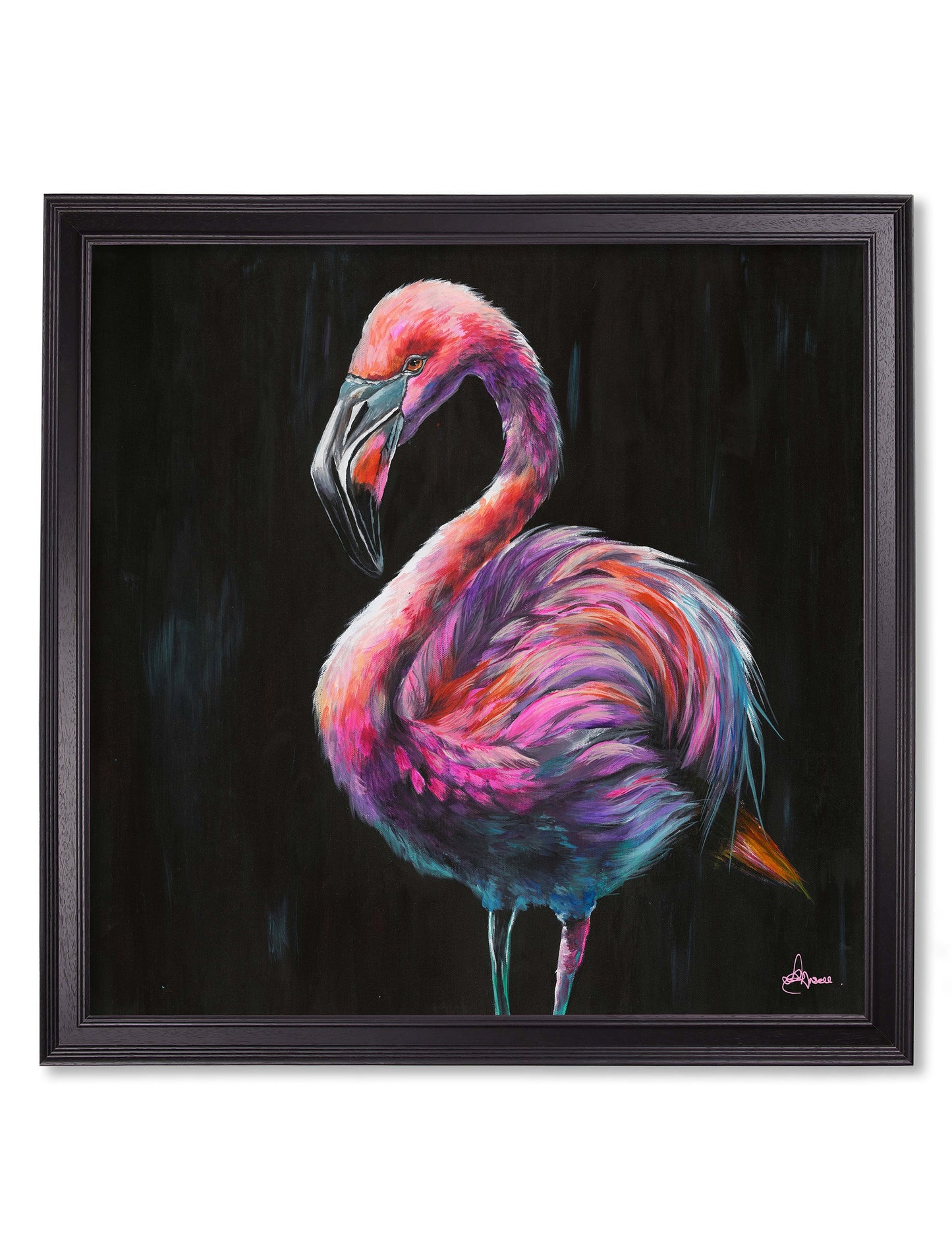 flamingo print florrie by amy ansell black square frame - premium glass-fronted framed art print with solid wood frame, adds elegance to your decor