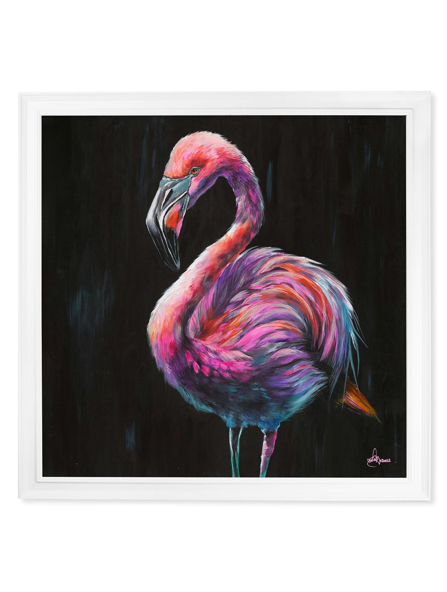 flamingo print florrie by amy ansell strong white square frame - premium glass-fronted framed art print with solid wood frame, a beautiful addition to stylish homes