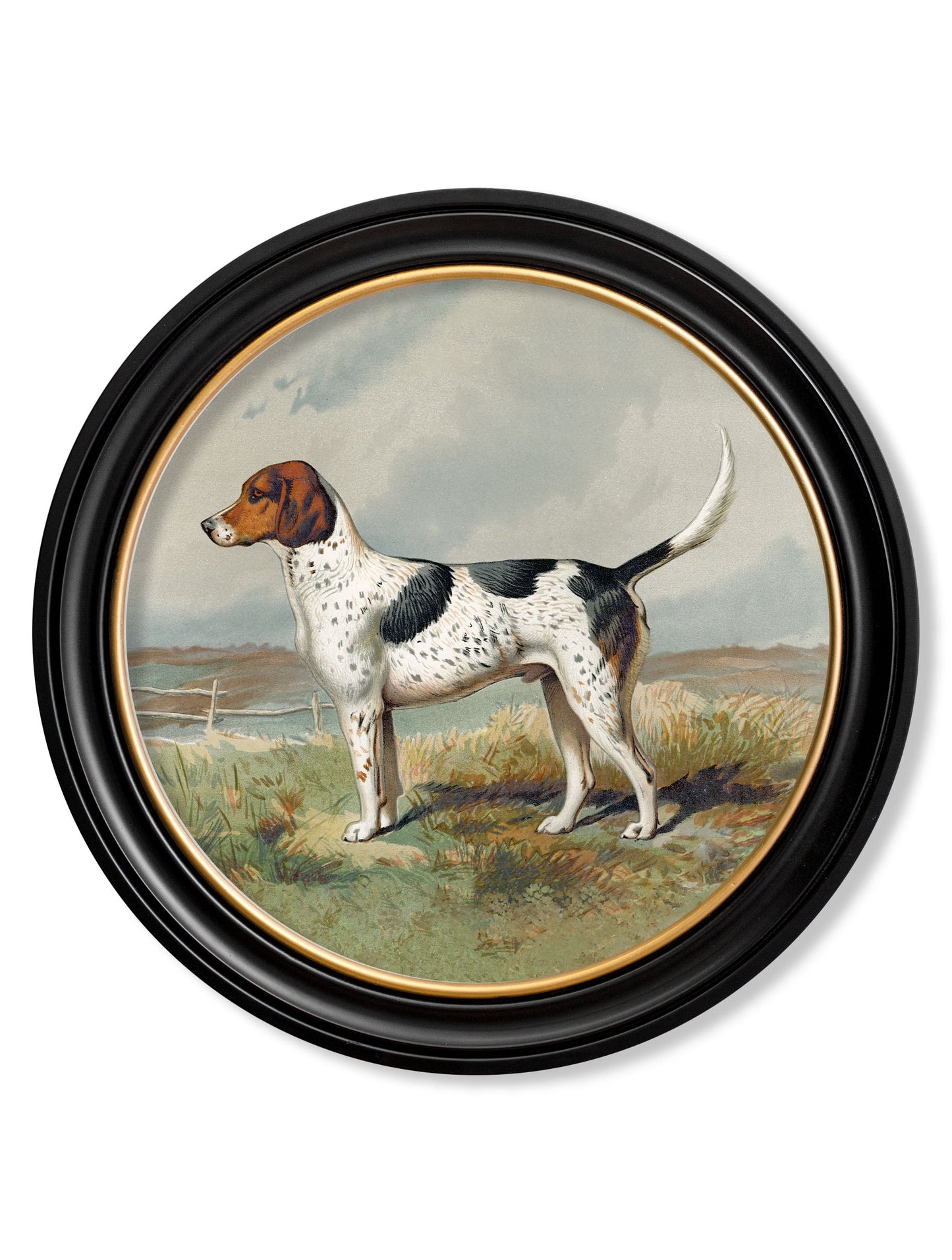 c 1881 working dogs round frame in size 70 x 70cm - glass-fronted framed wall art print with solid wood frame, ideal for modern interiors