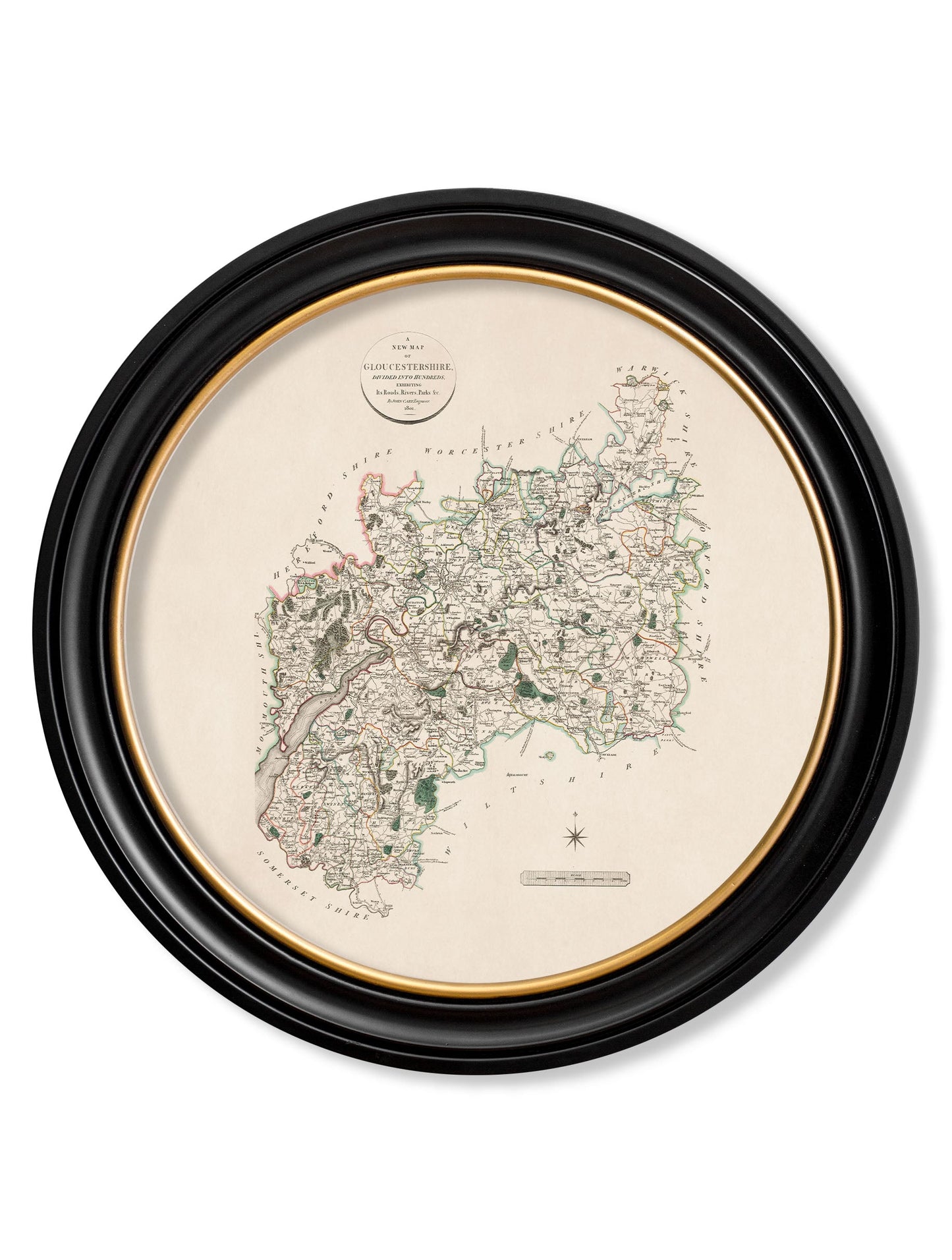 of c 1806 county maps of england round in size 70 x 70cm - glass-fronted framed wall art print with solid wood frame, ideal for contemporary home styling