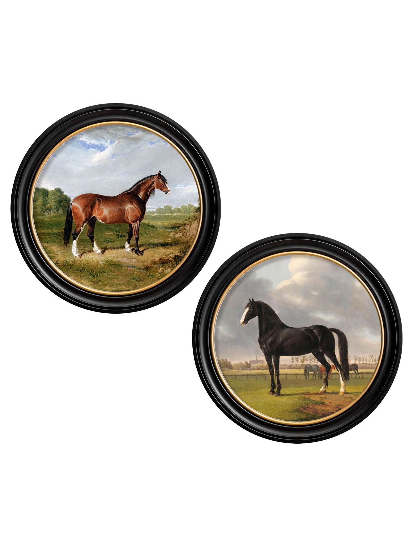 c.1840 Horses - Round Frame in size 44 x 44cm - glass-fronted framed wall art print with solid wood frame, designed for high-end interior design