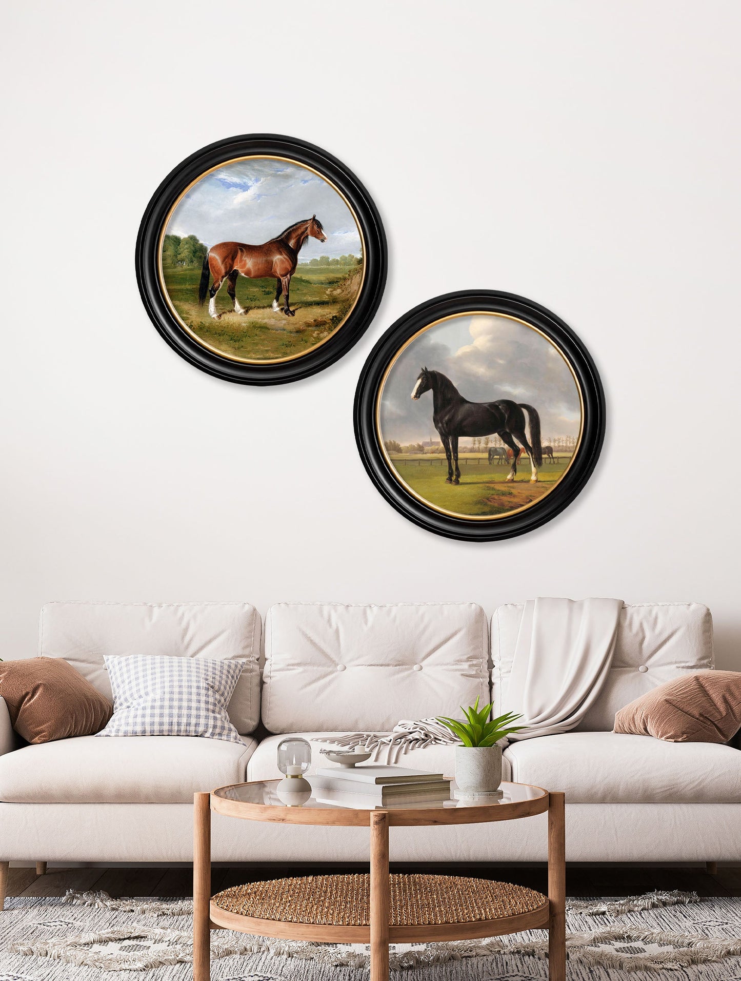 c 1840 horses round frame in size 44 x 44cm - glass-fronted framed wall art print with solid wood frame, perfect for statement wall decor