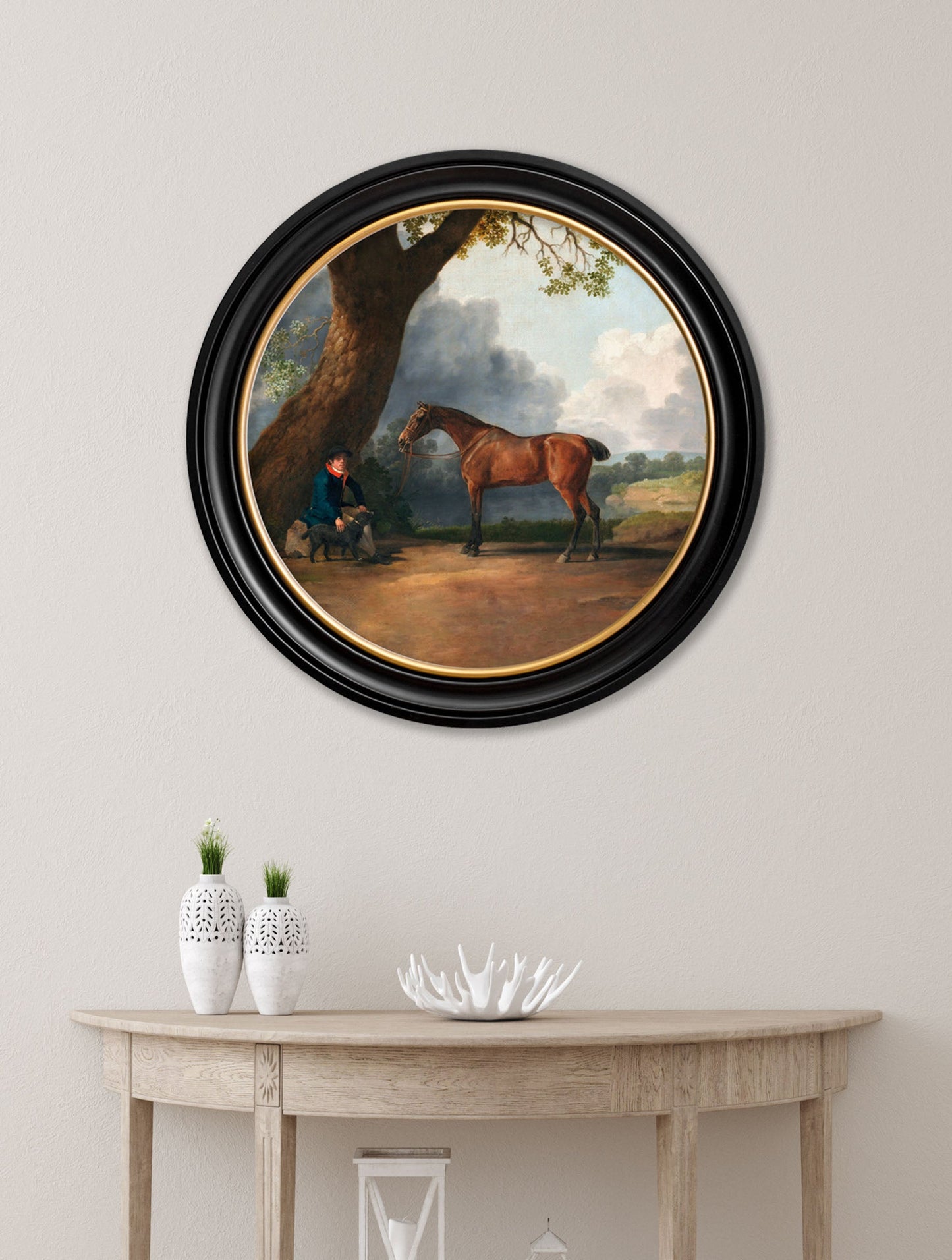 c 1763 george stubbs horse and groom round frame in size 70 x 70cm - glass-fronted framed wall art print with solid wood frame, perfect for luxury home decor