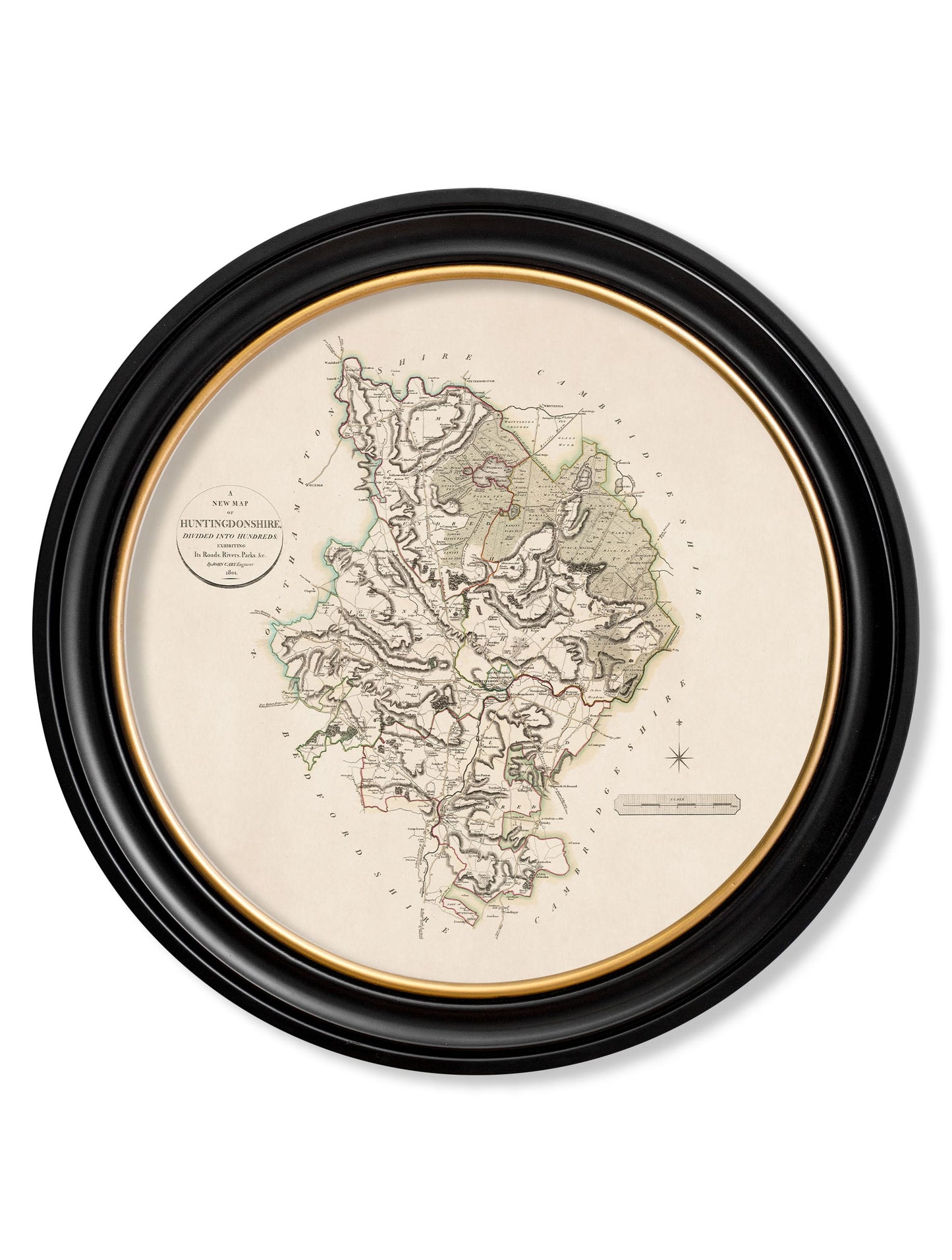 of c 1806 county maps of england round in size 70 x 70cm - glass-fronted framed wall art print with solid wood frame, perfect for statement wall decor