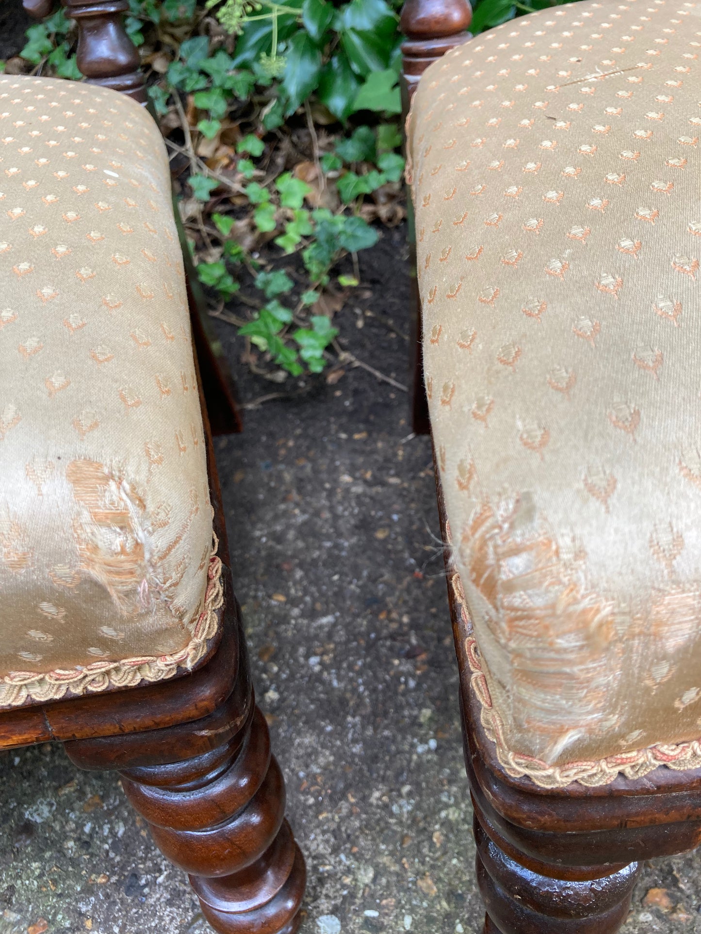 Victorian Mahogany Carved Pair Of Low Chairs On Turned Legs