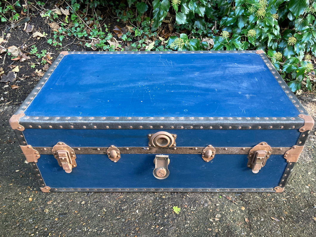 Vintage Blue Travel Trunk With Metal Edgings And An Internal Tray