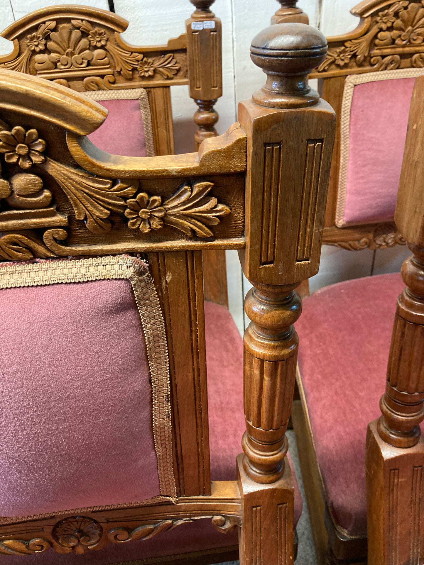 Antique Set Of Four Oak Carved Chairs Upholstered In Pink Velour Castors To Front Legs