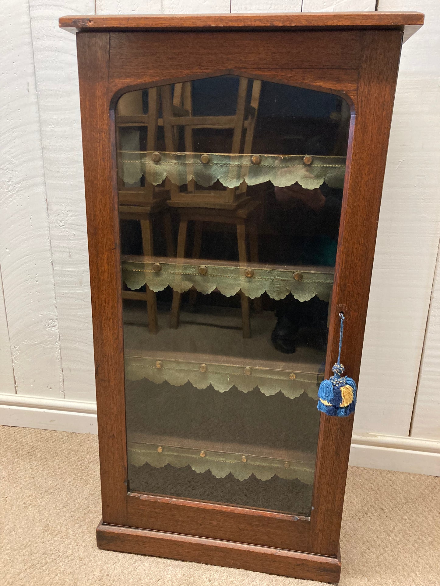 Antique Solid Oak Glazed Cabinet With Shelves On Castors