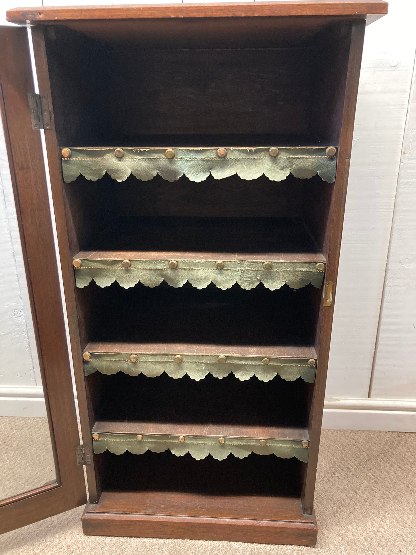 Antique Solid Oak Glazed Cabinet With Shelves On Castors