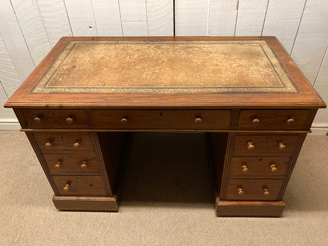 Antique Mahogany Pedestal Desk Tan Leather Top In Need Of TLC