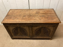 Load image into Gallery viewer, Antique Oak Trunk Blanket Box With Carvings

