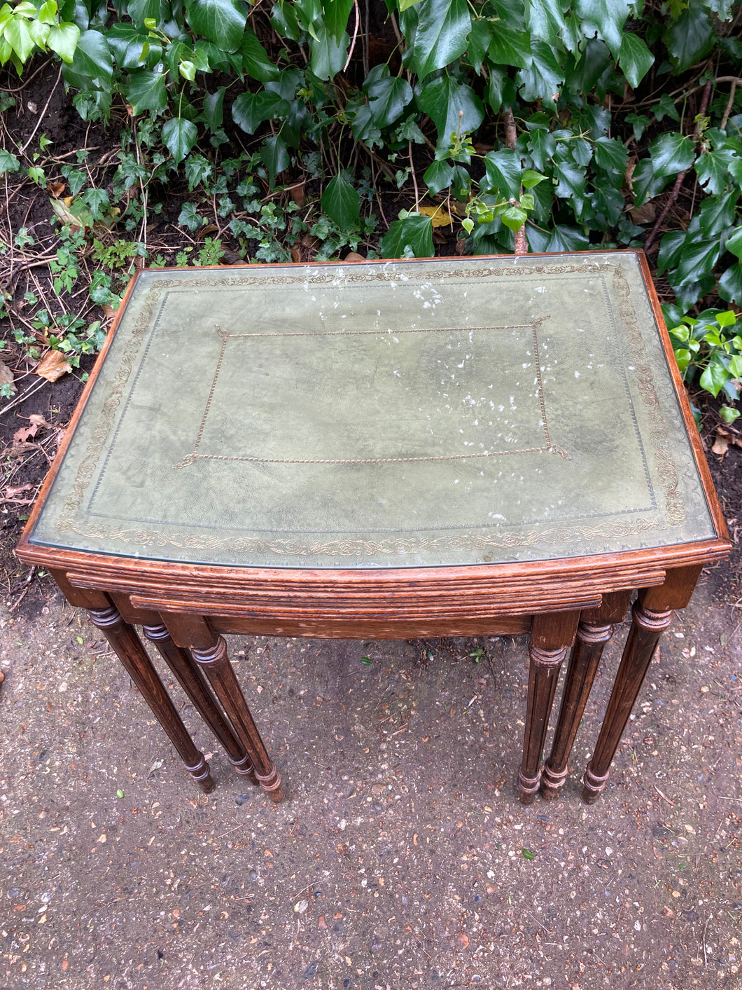 Green Leather Top Nest Of Three Tables With Protective Glass