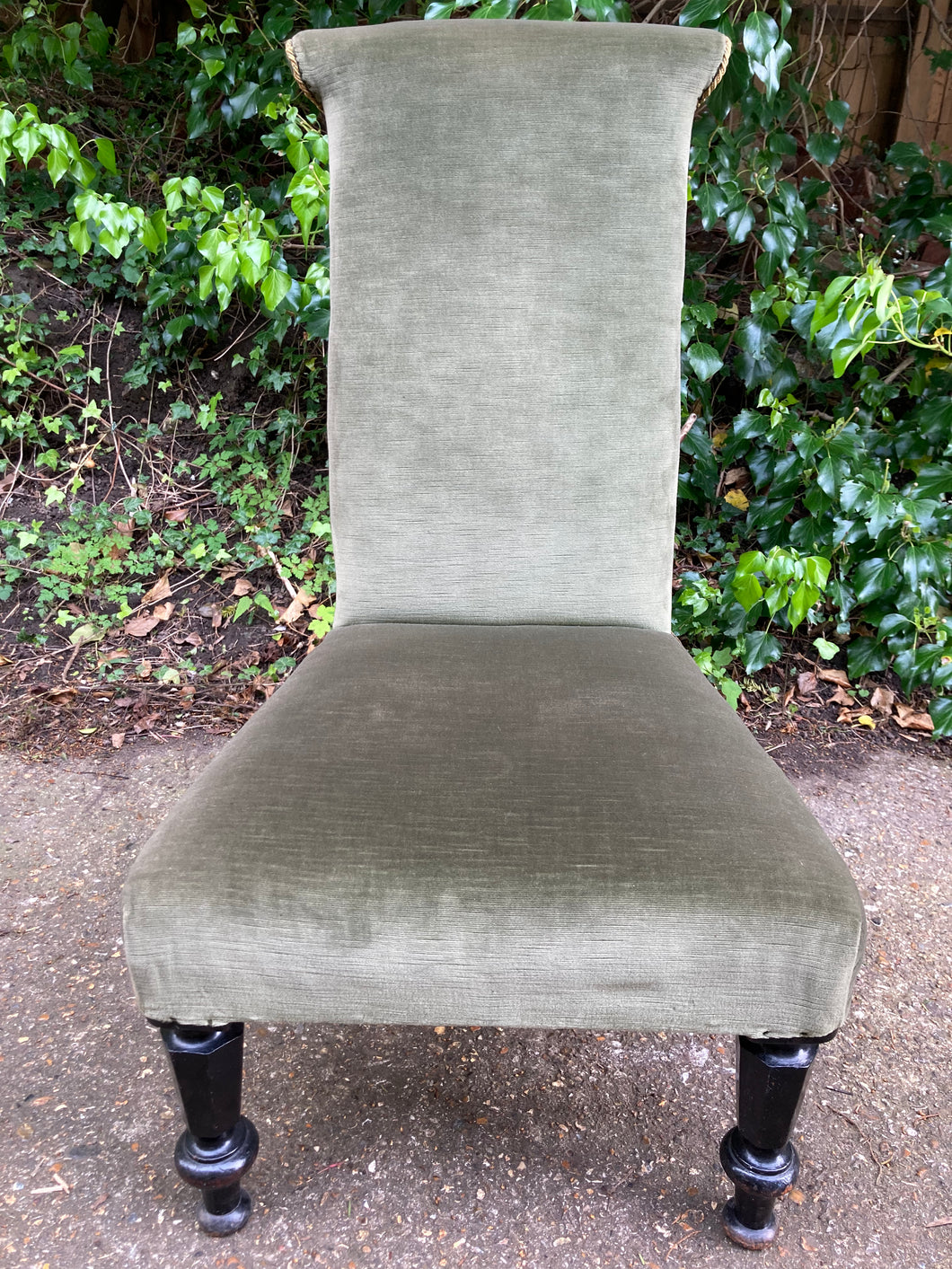 Antique Green Velour Upholstered Prayer Chair