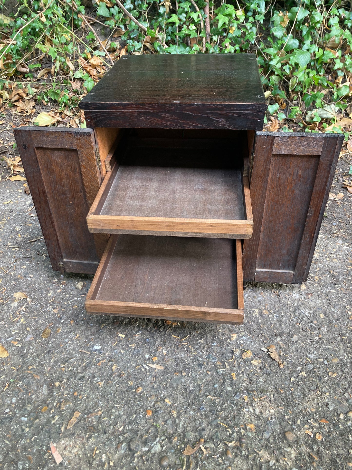 Antique Small Collectors Cabinet With Two Pull Out Trays