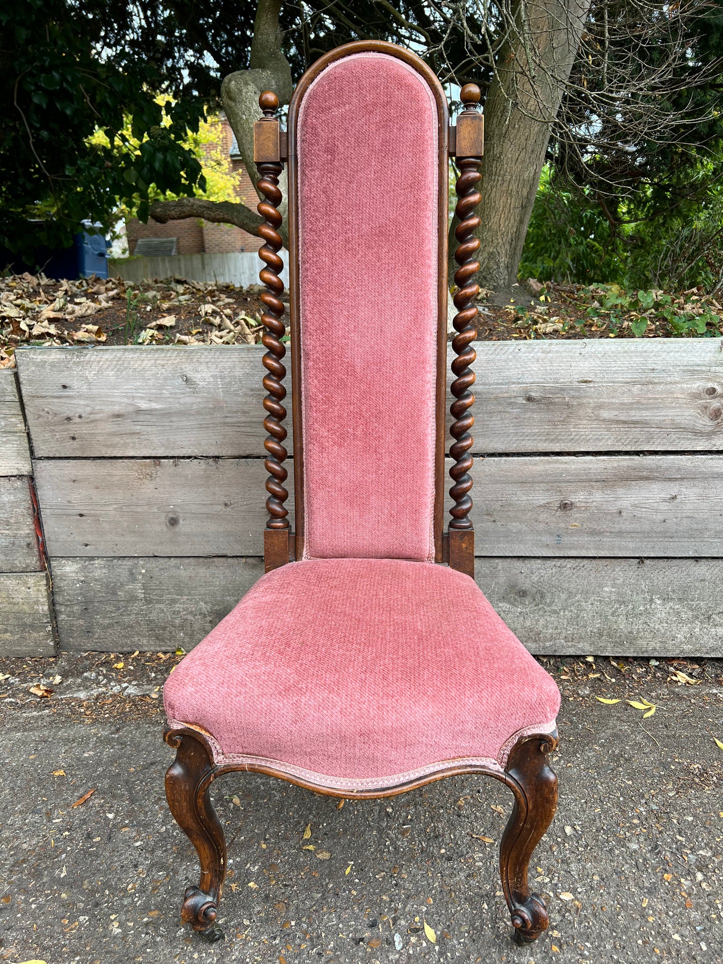 Antique Mahogany High Back Chair Barley Twist Details Upholstered In Pink