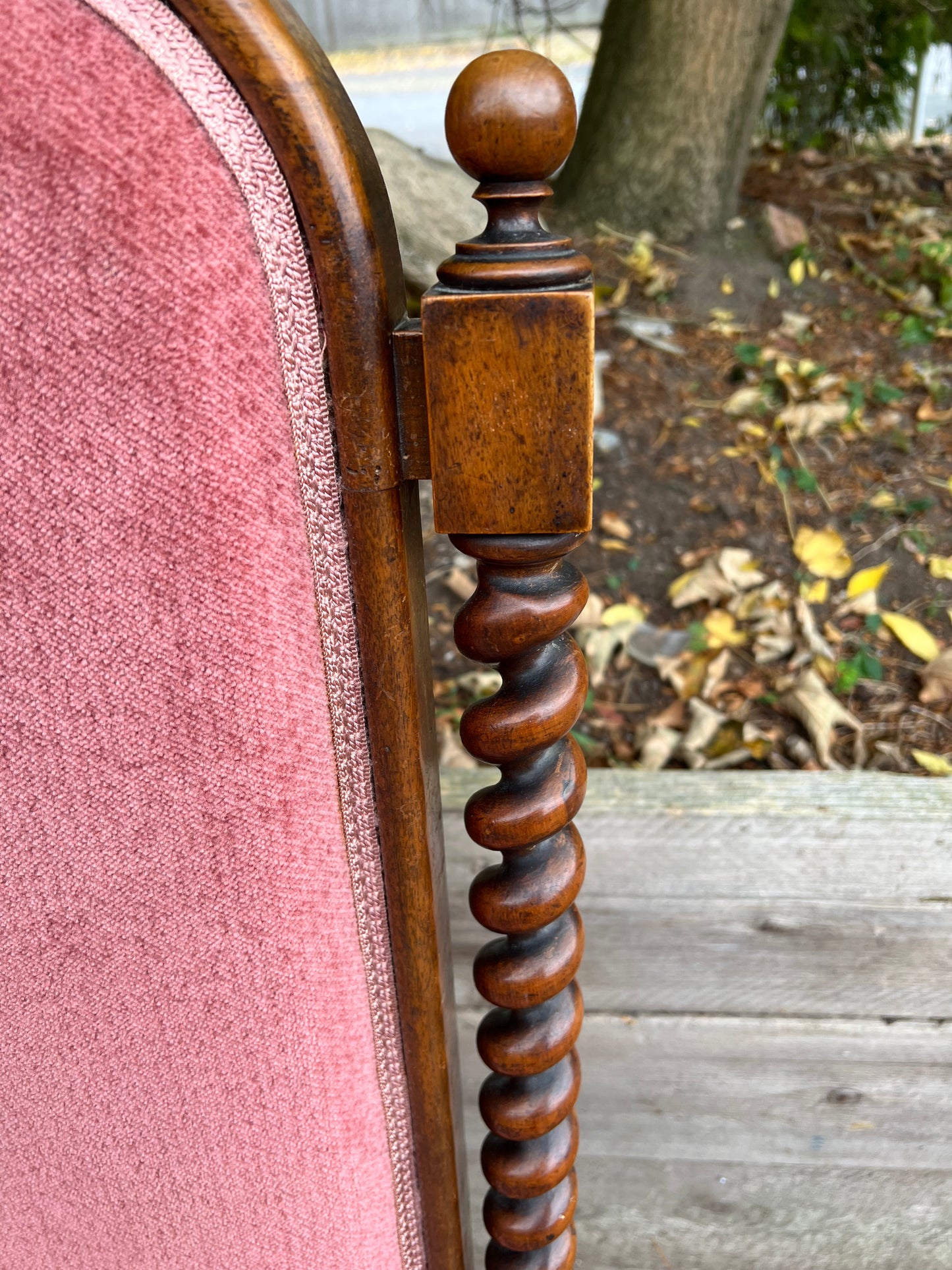 Antique Mahogany High Back Chair Barley Twist Details Upholstered In Pink