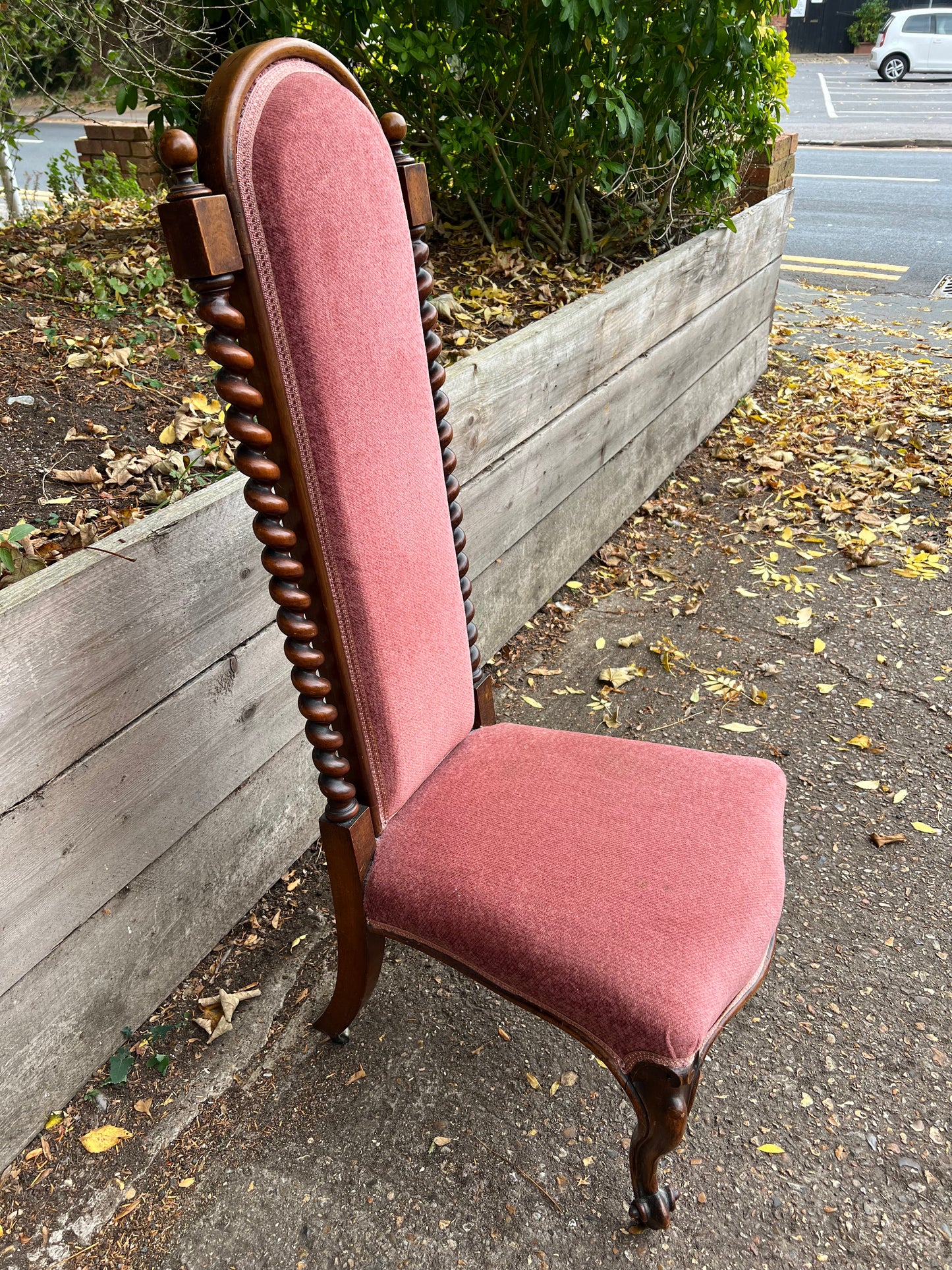 Antique Mahogany High Back Chair Barley Twist Details Upholstered In Pink