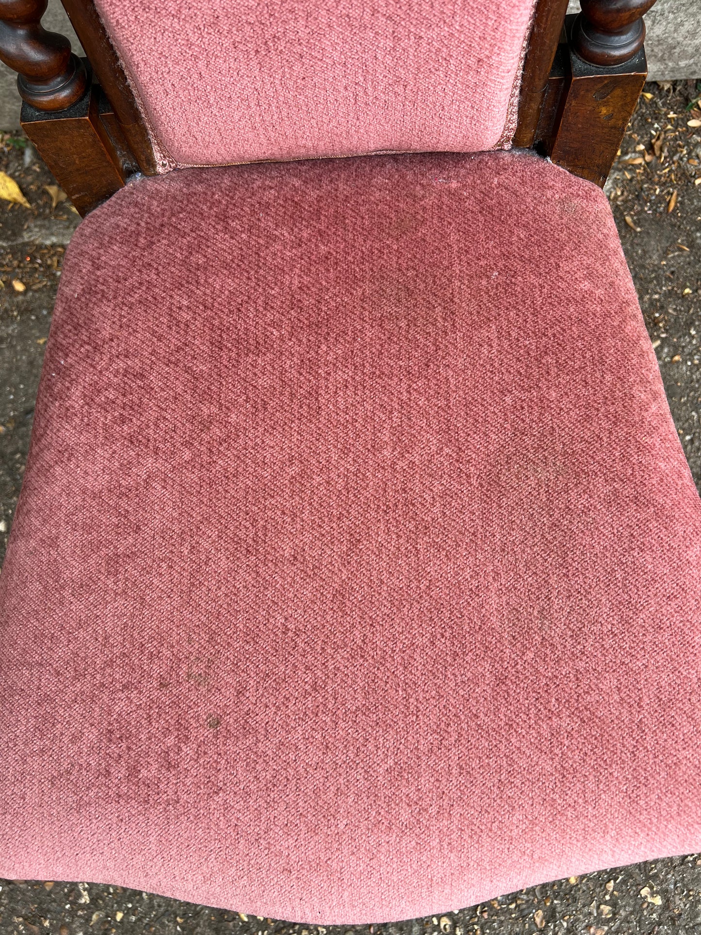 Antique Mahogany High Back Chair Barley Twist Details Upholstered In Pink