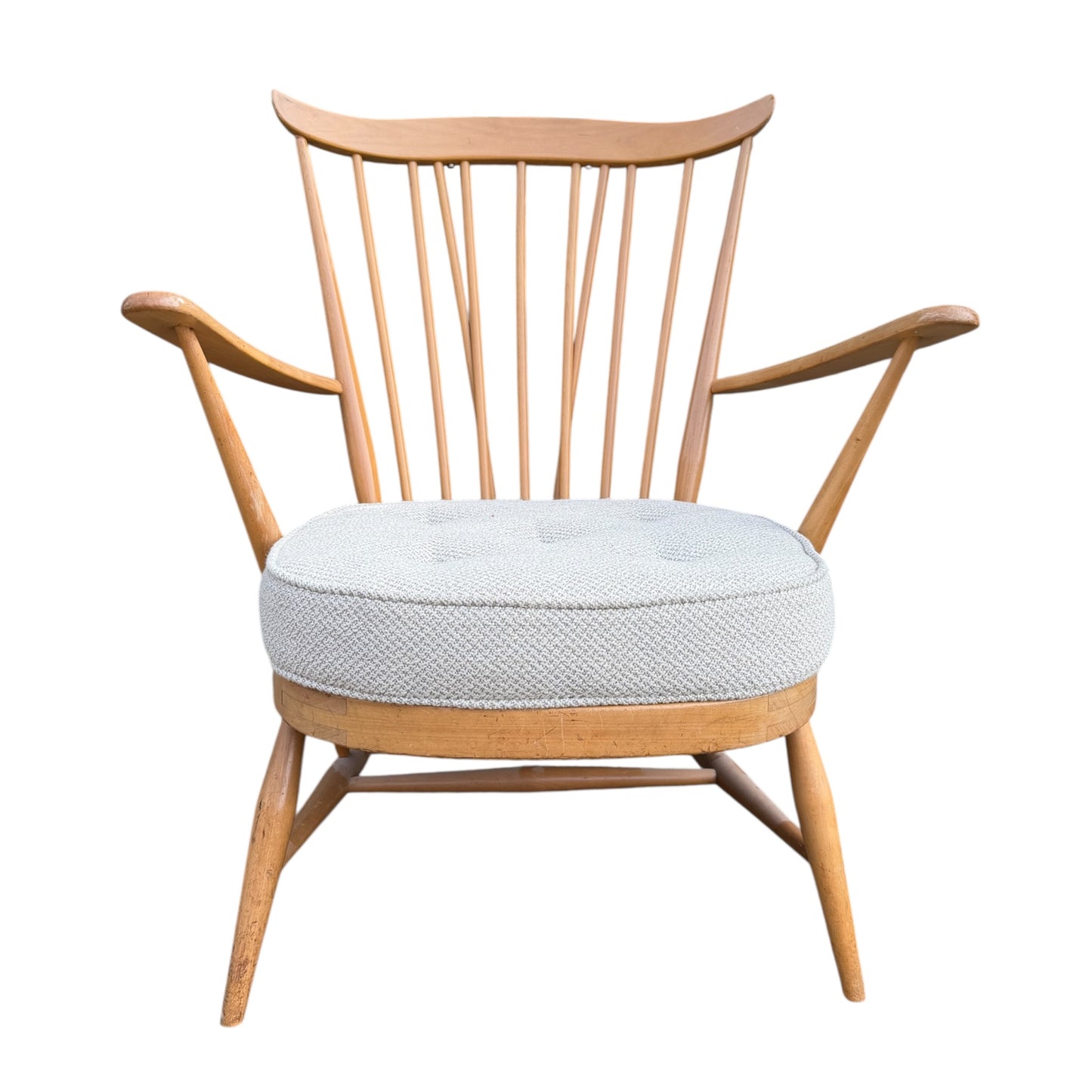Vintage Mid-Century Lubis Easy Chair – Double Bow Spindle Back Armchair – Ercol Windsor Style