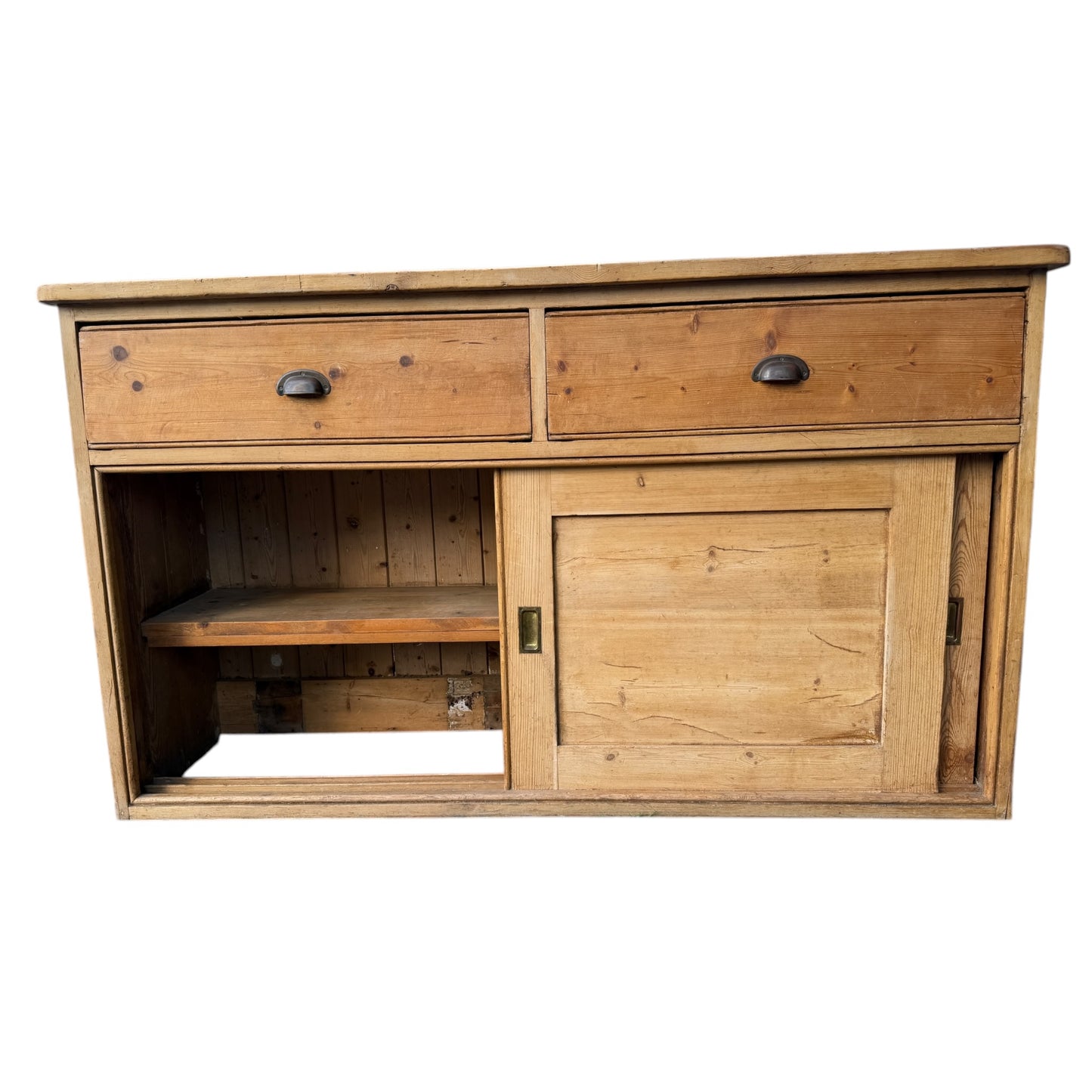 Antique Pine Sliding Door Sideboard / Low Cupboard / TV Unit