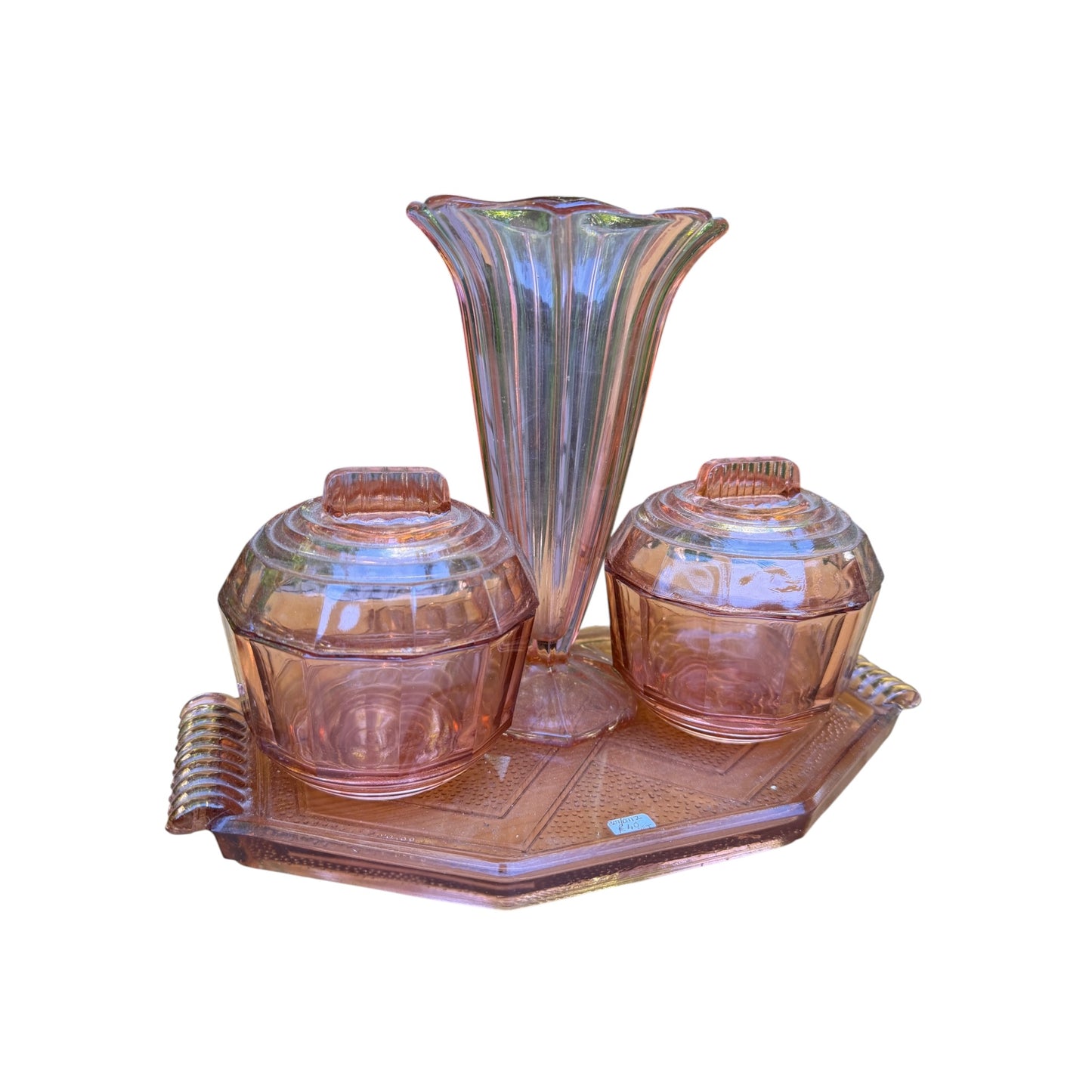 Vintage Art Deco Style Pink Glass Dressing Table Set - Tray Vase & Trinket Pots