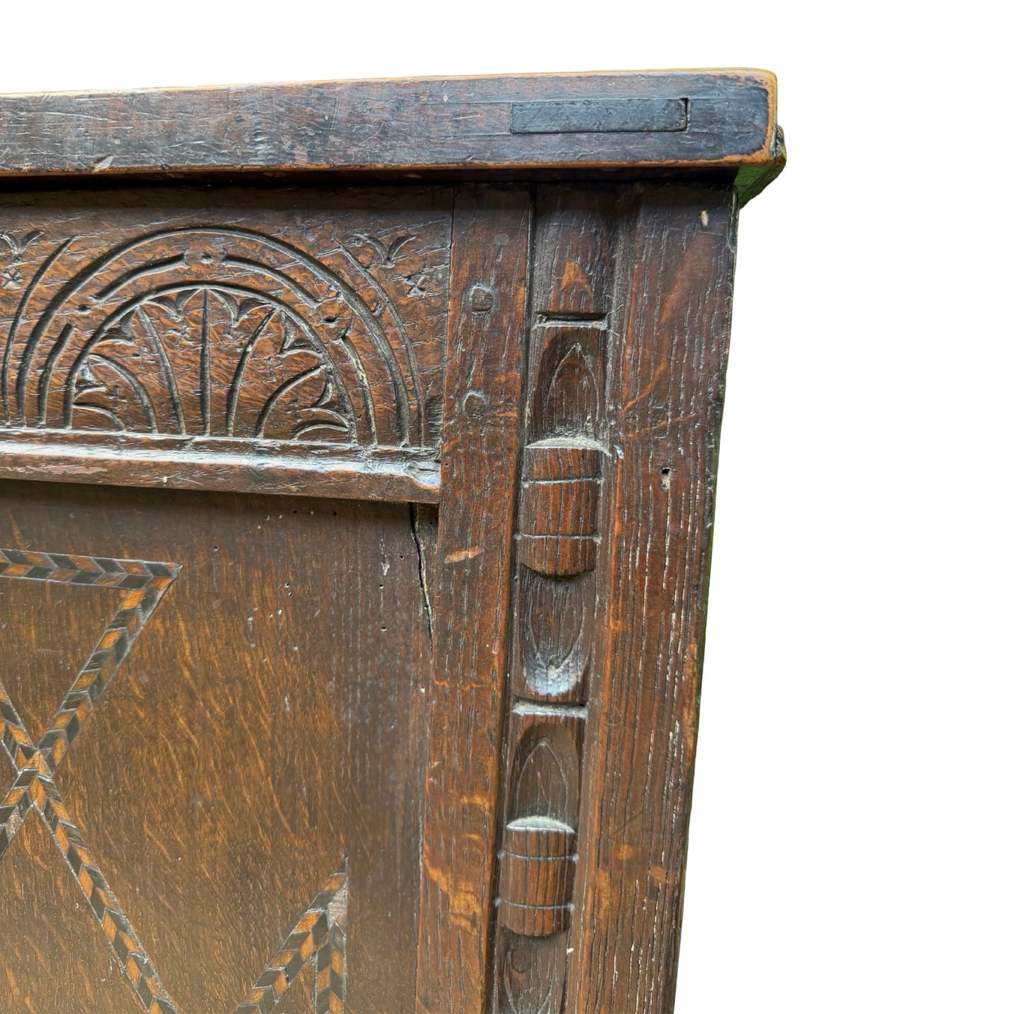 Antique 18th Century Style Carved Oak Coffer - Large Inlaid Blanket Chest 122cm