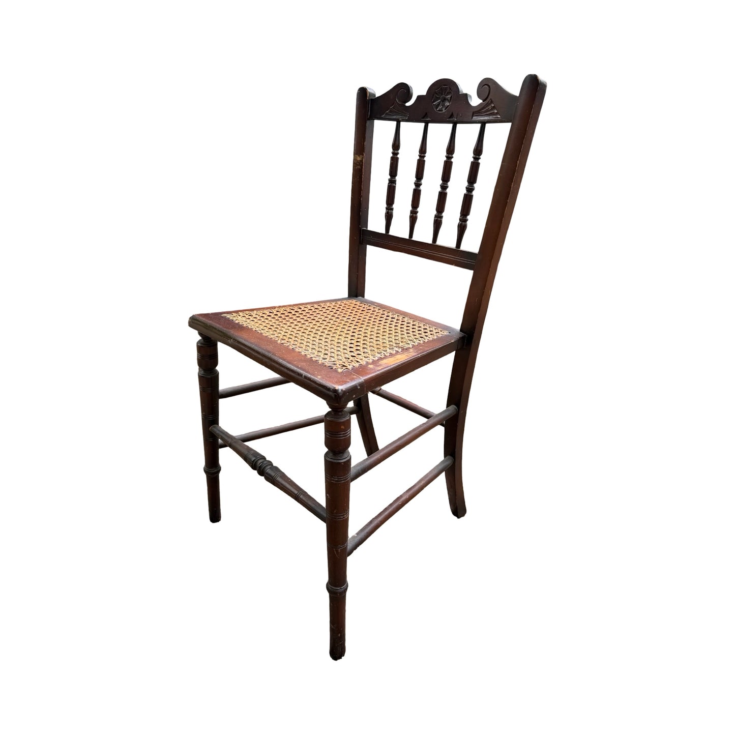 Antique Victorian Carved Bedroom Chair - Spindle Back Woven Cane Side Chair 81cm