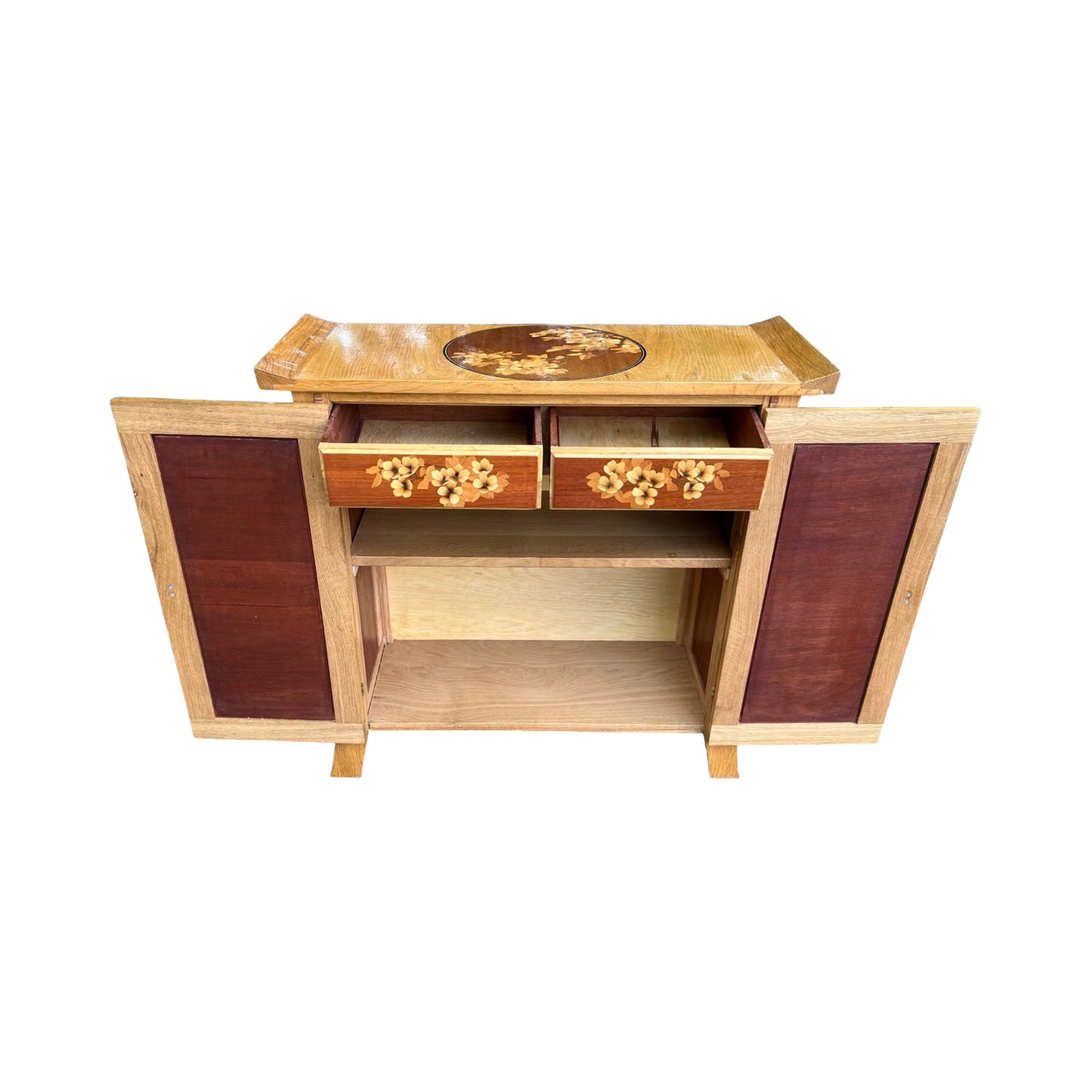 Oriental Altar Cabinet - Marquetry Inlaid Sideboard Cupboard 85cm